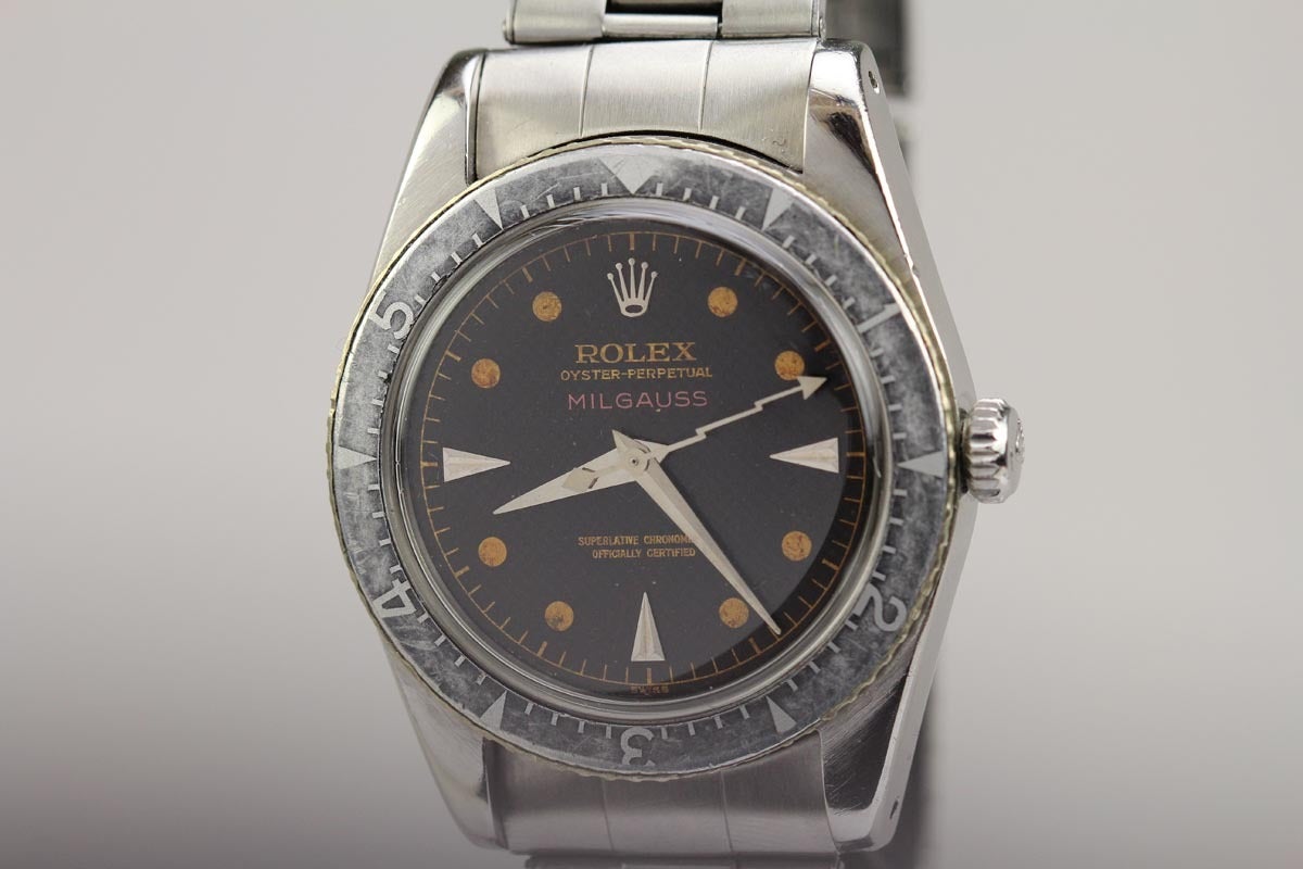 This is an extremely rare example of the Rolex Milgauss from the 1950s. It is an automatic watch with the original dial. This watch was made for individuals that worked around a large amount of magnetic activity which affects the timing of normal