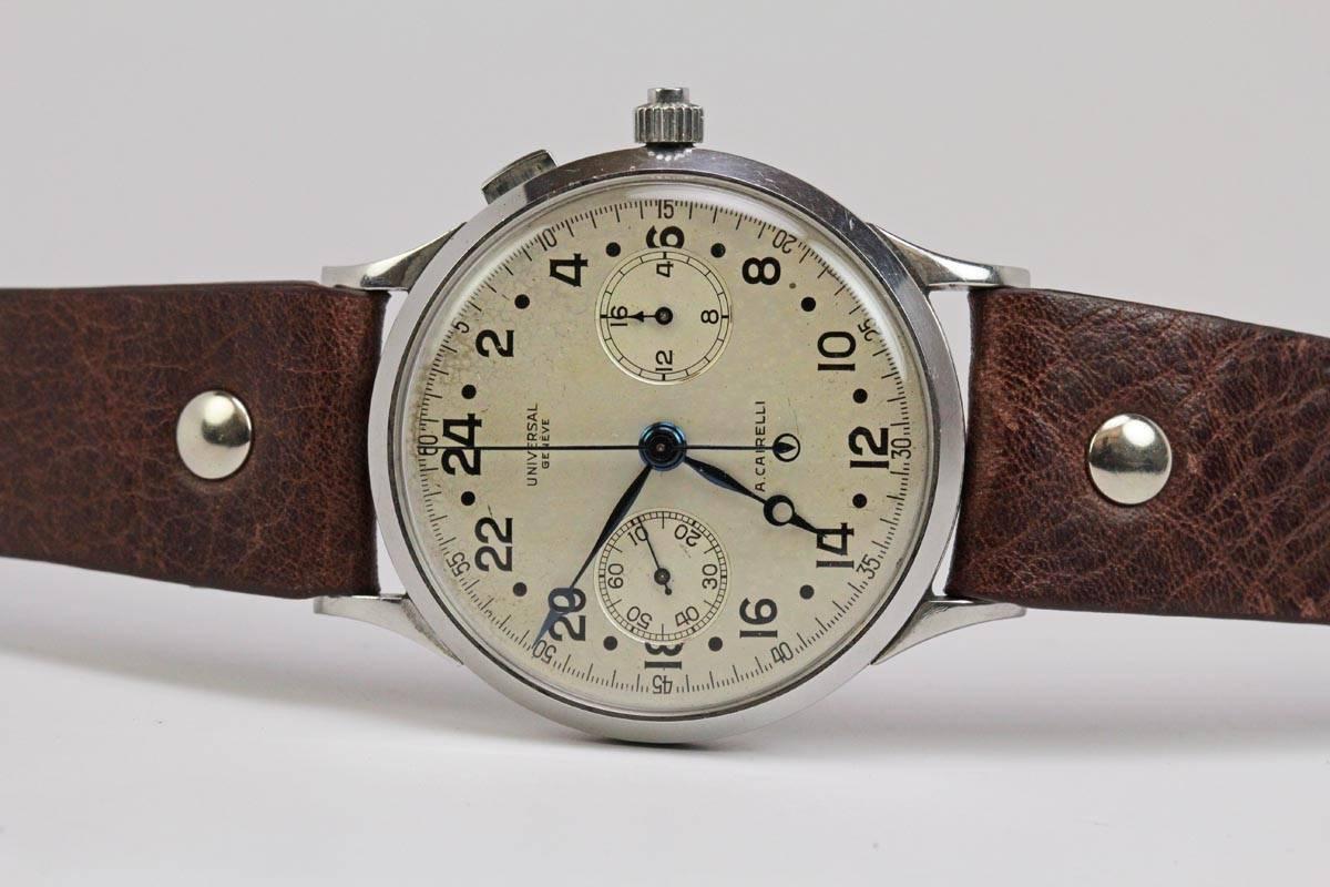 Rare Universal Geneve Stainless Steel Chronograph c. 1940's In Excellent Condition In Miami Beach, FL