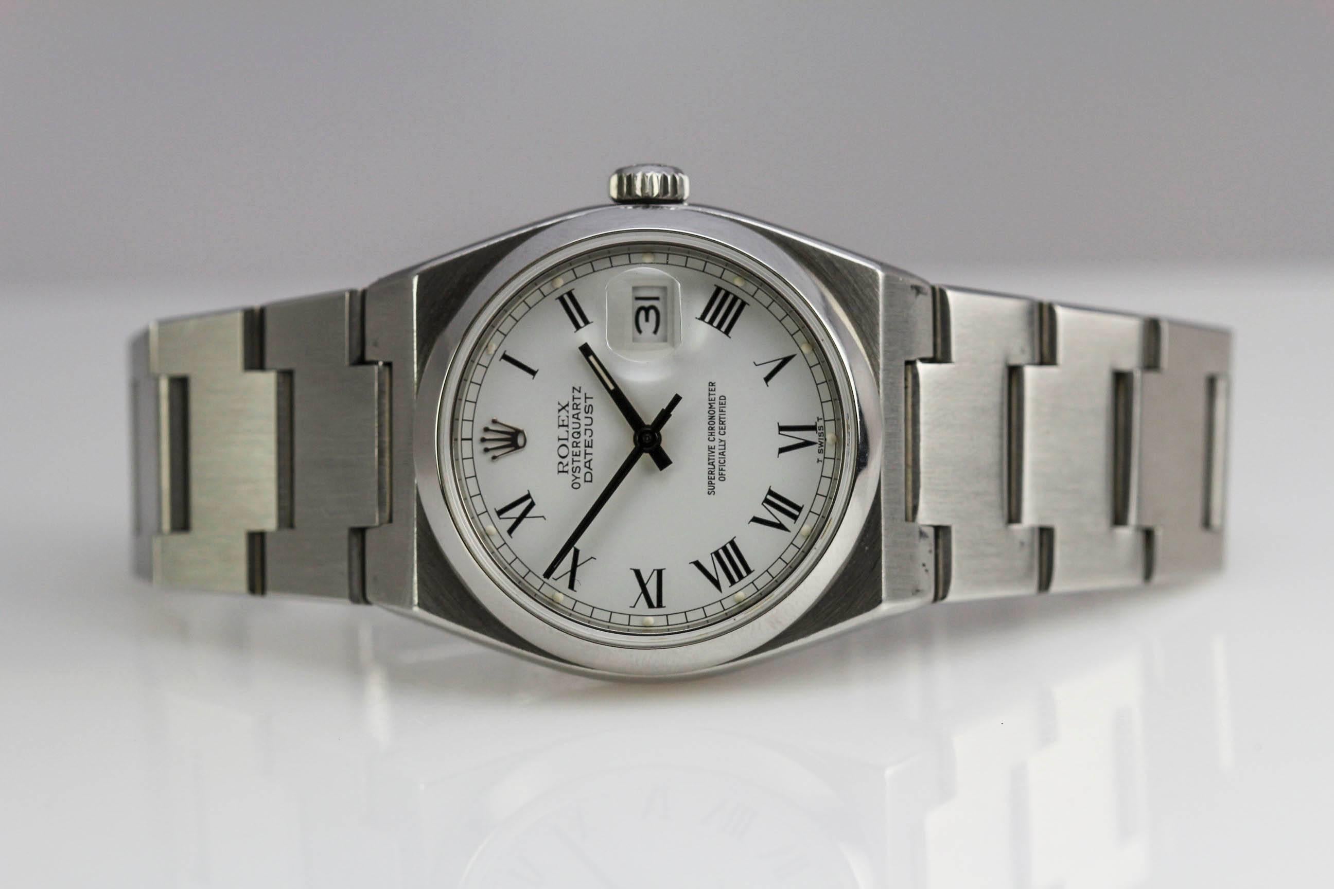 This is a lovely Rolex Stainless Steel Oysterqartz Datejust from 1983. This model is lesser known than the Rolex Oyster Perpetuals and has become quite a collectors piece. The dial is a nice crisp white with black roman numerals. Aside from having a