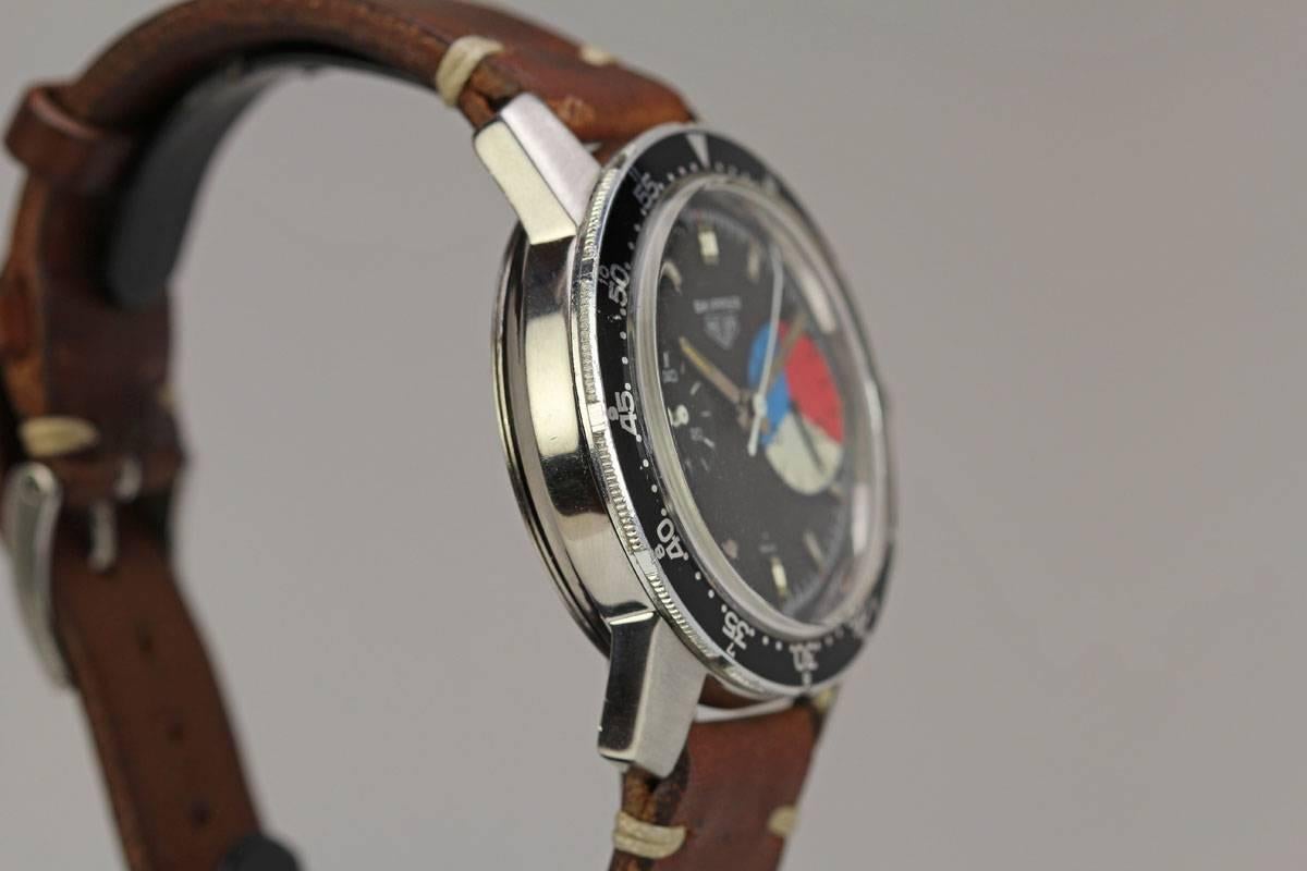 Dies ist ein seltener Fund, eine Heuer Skipper Referenz 7764 mit dem erkennbaren rot-weiß-blauen Zähler auf der 3-Uhr-Position. 

