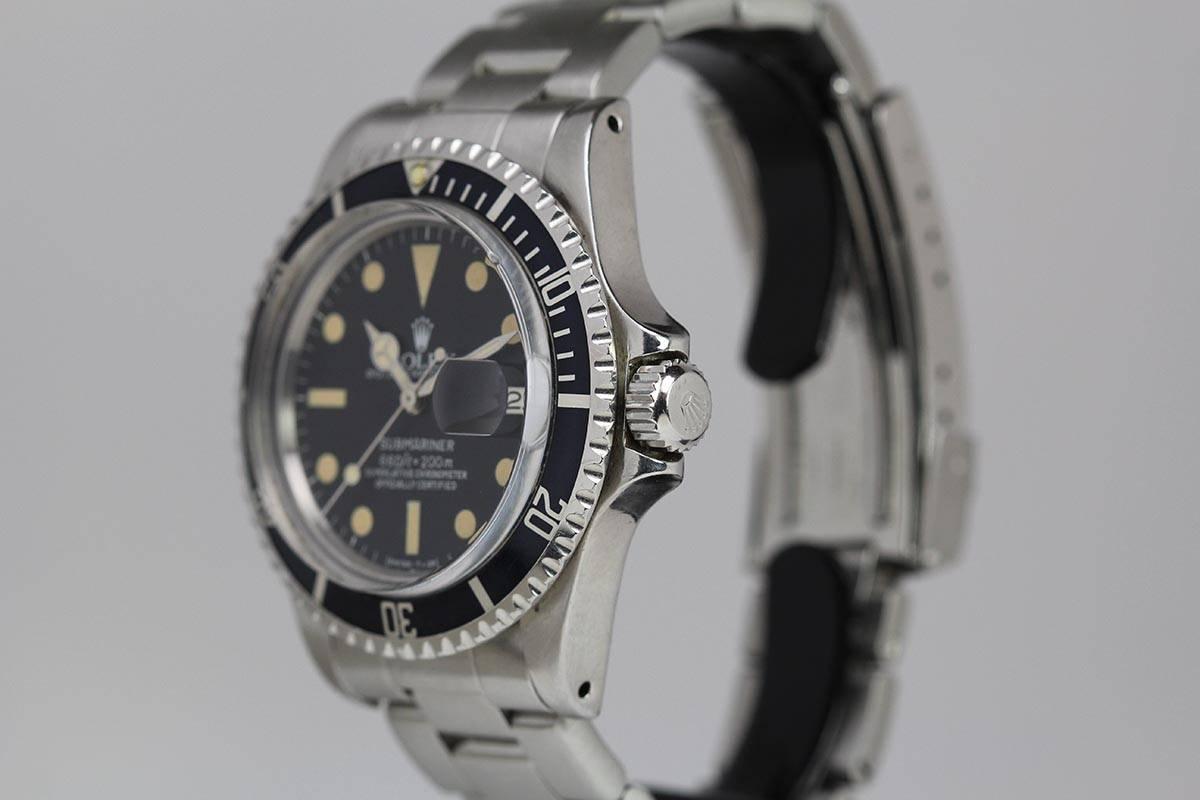 This is a great example of a Rolex Submariner reference 1680 from the 1970s. The case still has its original form with thick lugs and the patina of the dial has turned to a very pleasing color. It is very difficult to find luminescent markers that