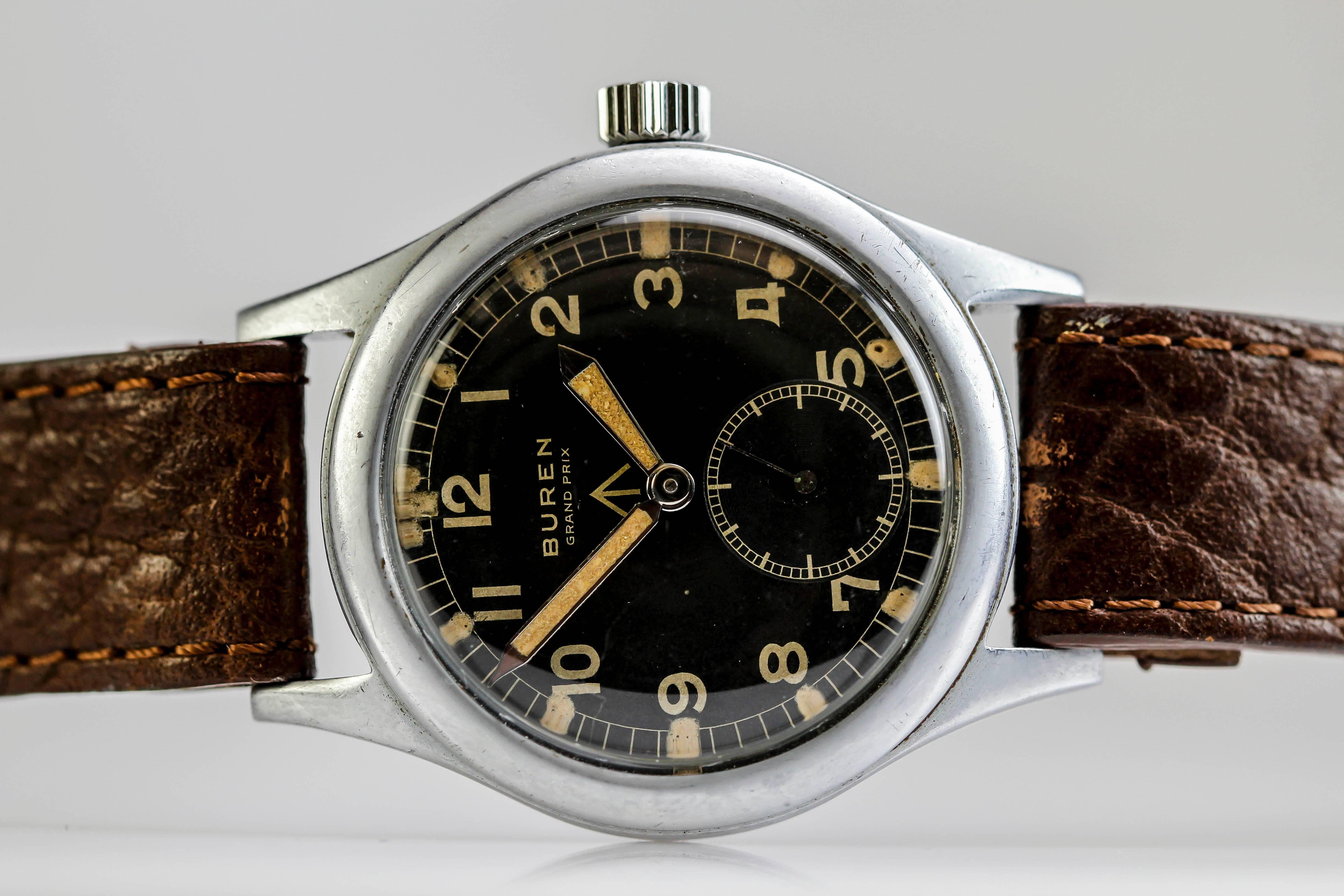 Buren Stainless Steel Grand Prix Military Wristwatch In Excellent Condition In Miami Beach, FL