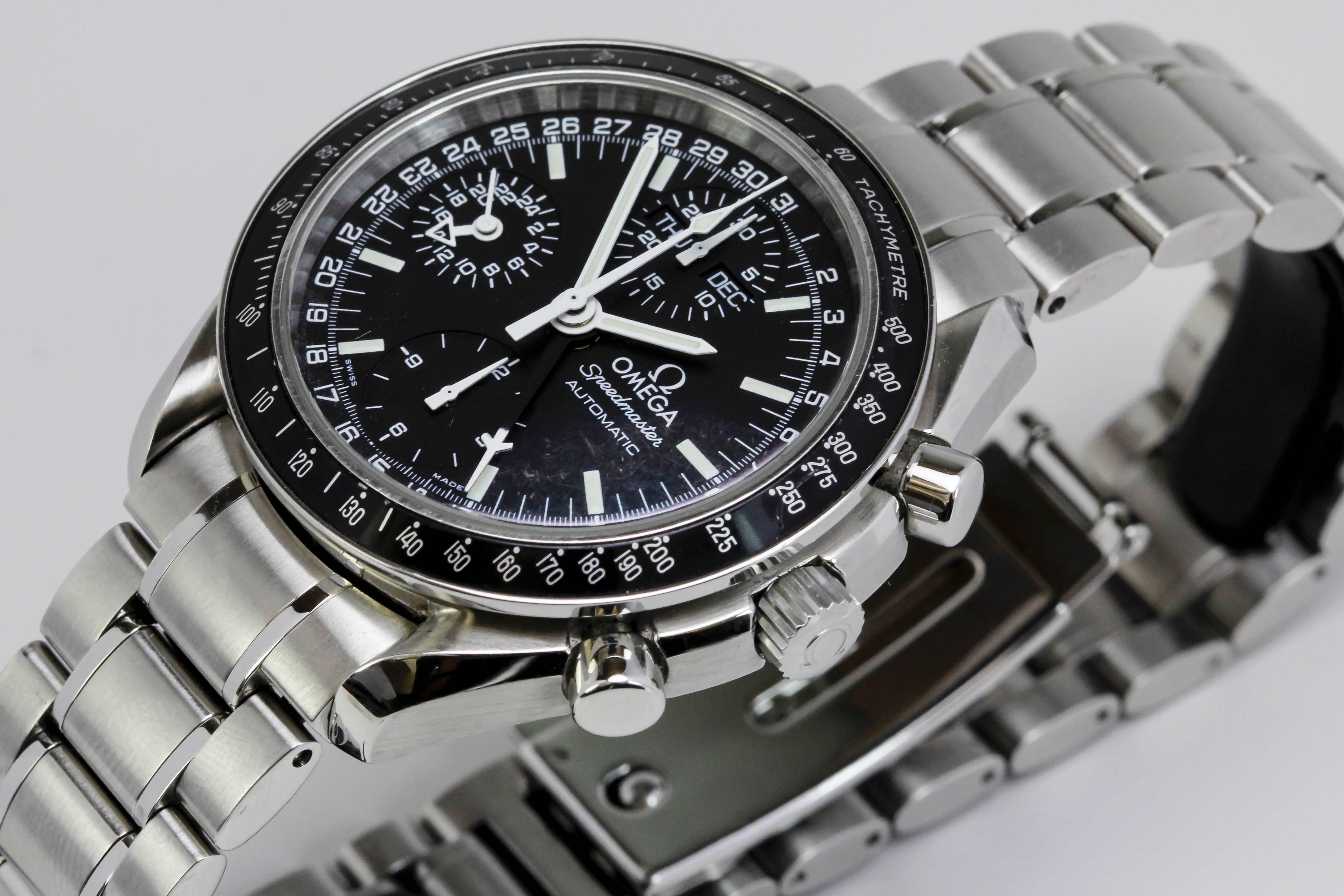 Omega Stainless Steel Speedmaster Triple Date Chronograph In Excellent Condition In Miami Beach, FL