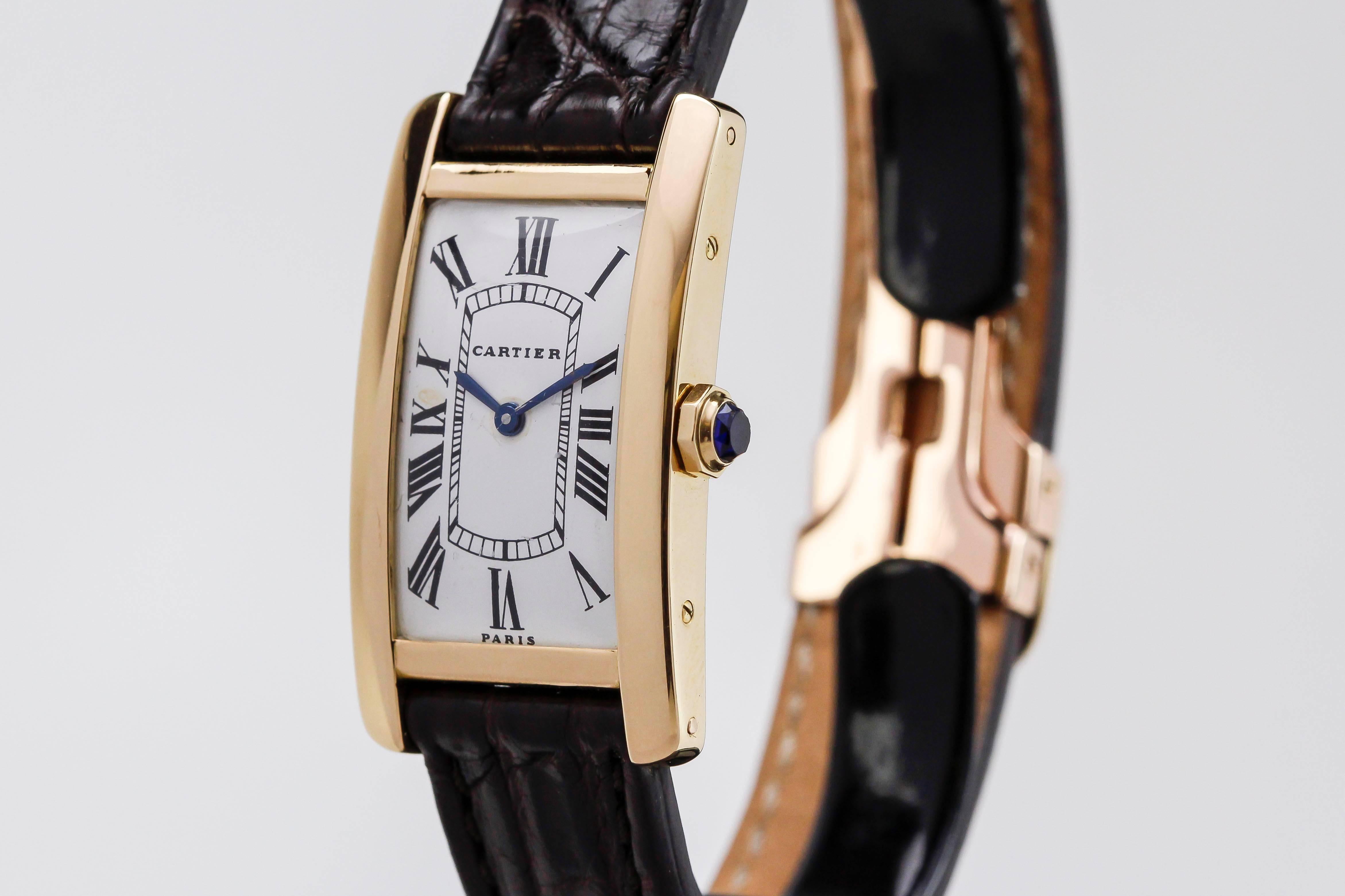 This is a 1960s midsize Cartier Tank Cintree made for the French market.   The watch is in excellent condition with a sharp case and original dial.   The watch has its Cartier numbers and French hallmarks