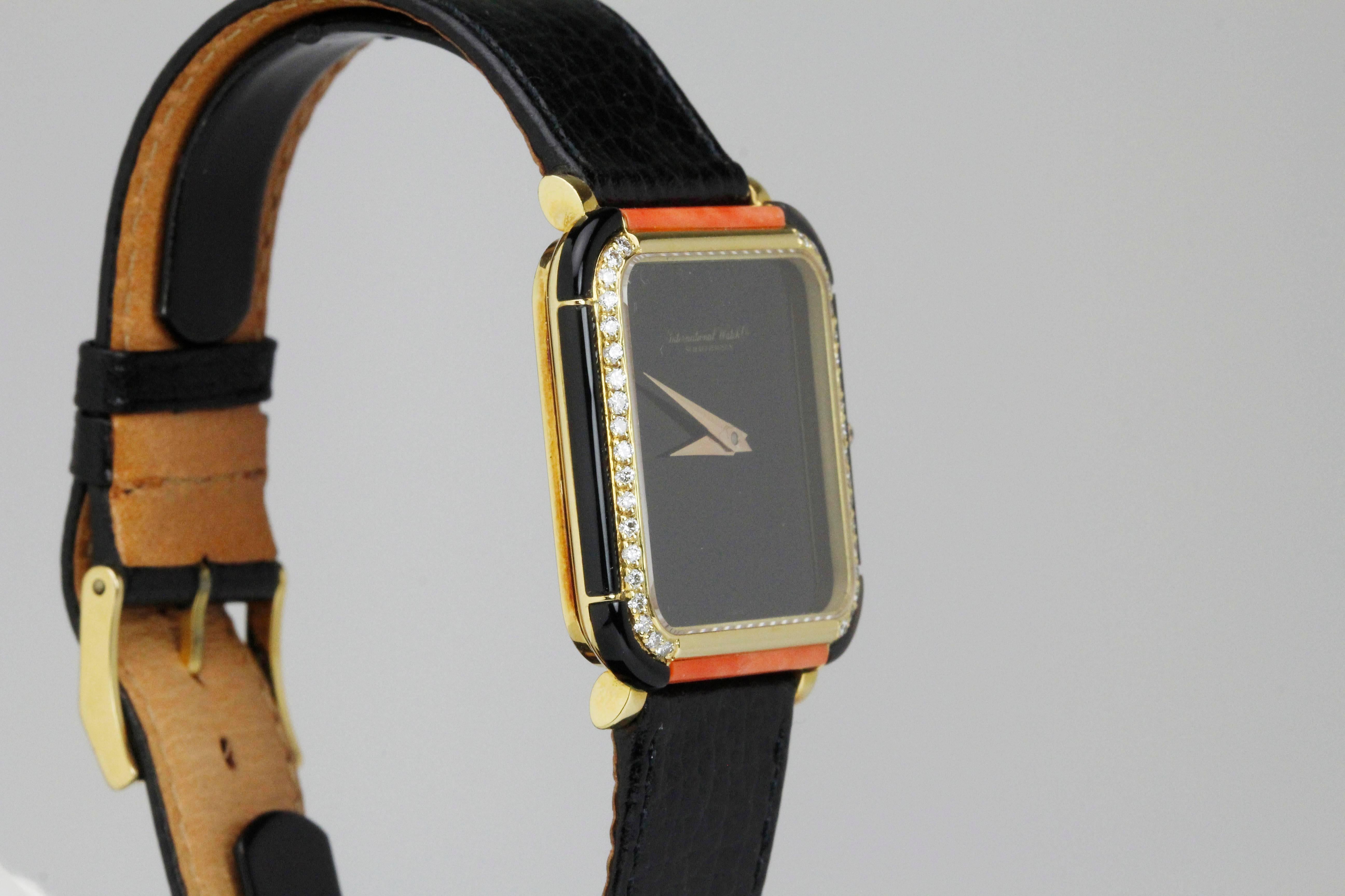 IWC Yellow Gold Diamond Onyx Coral  Manual Wind Wristwatch In Excellent Condition In Miami Beach, FL