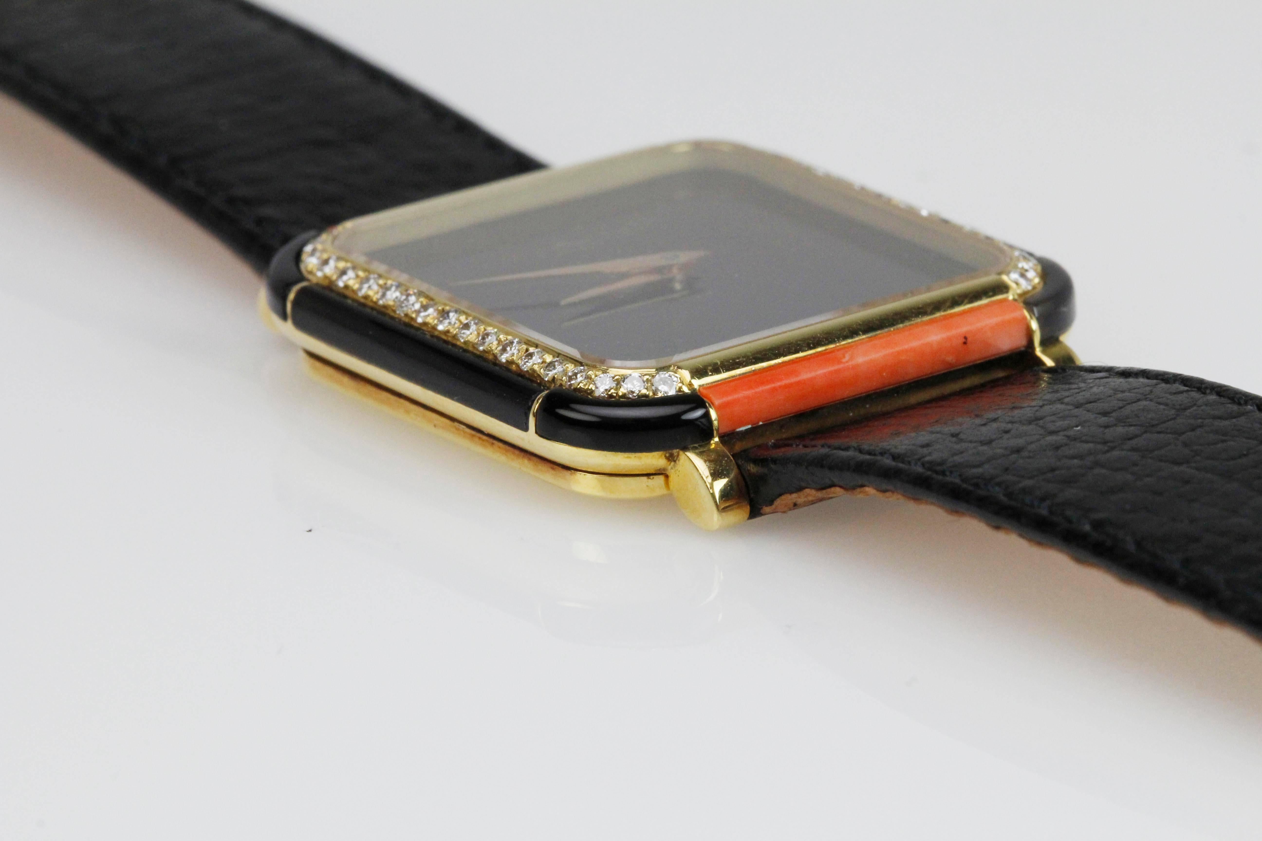 Women's or Men's IWC Yellow Gold Diamond Onyx Coral  Manual Wind Wristwatch