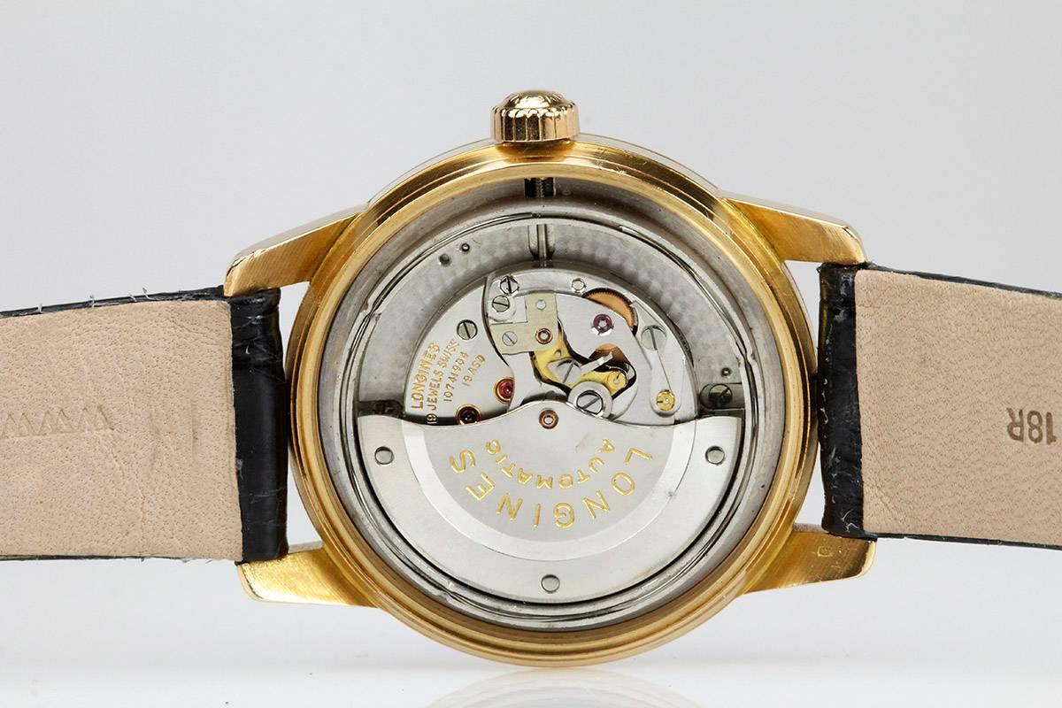 Vintage Longines Rose Gold Conquest Calendar  Black Dial Wristwatch circa 1958 In Good Condition In Miami Beach, FL