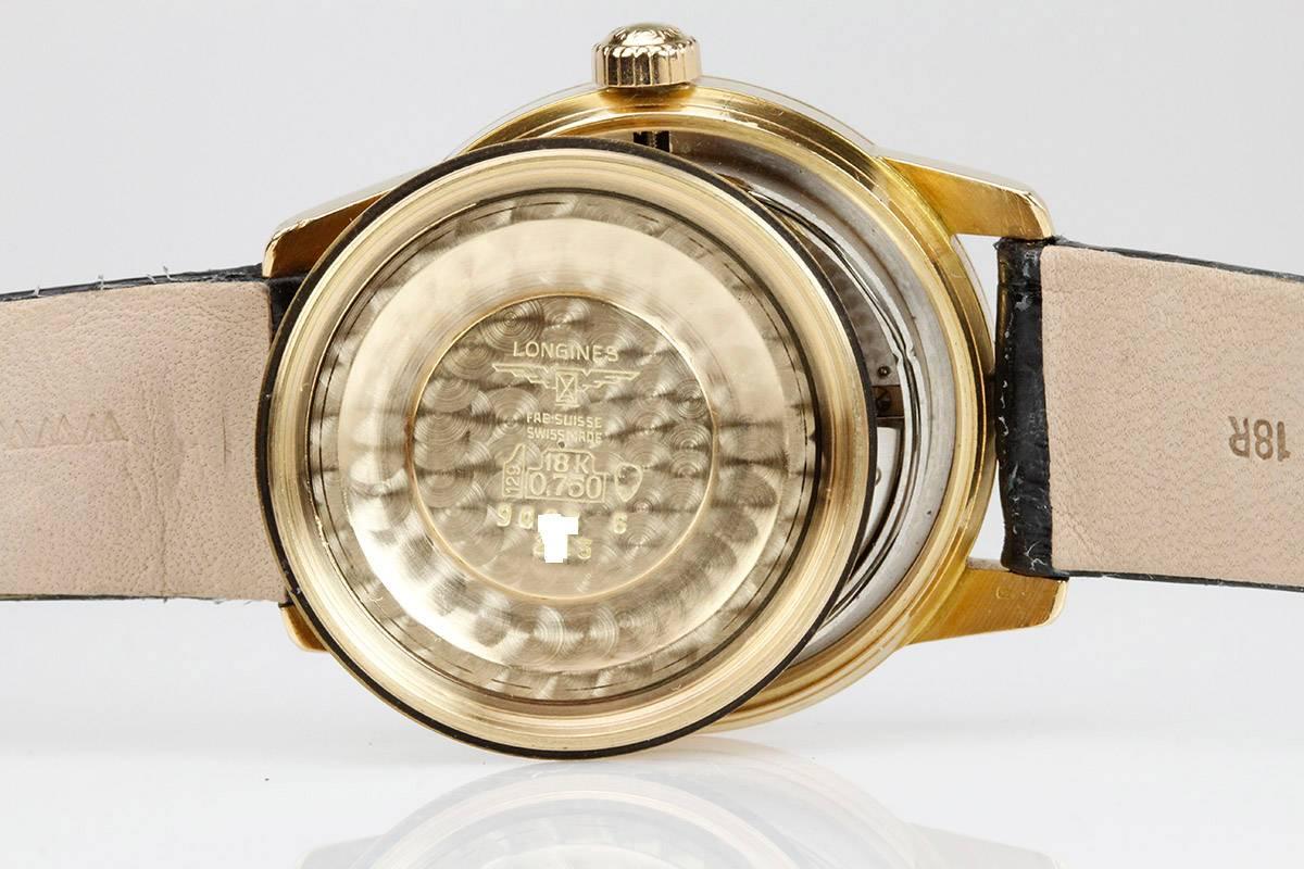 Men's Vintage Longines Rose Gold Conquest Calendar  Black Dial Wristwatch circa 1958