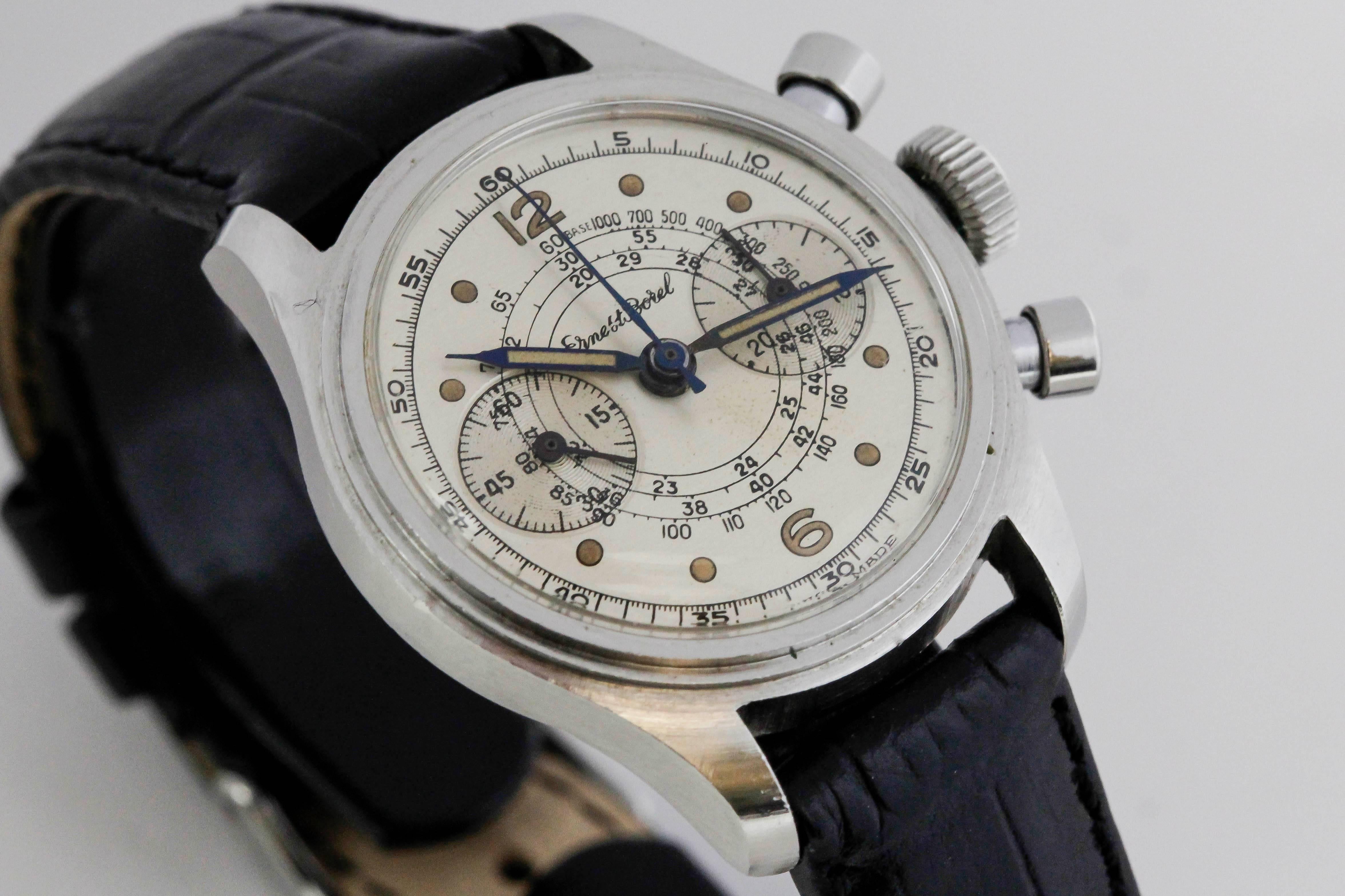 This Ernest Borel mini stainless steel chronograph is in beautiful condition and run with a manual wind movement.  