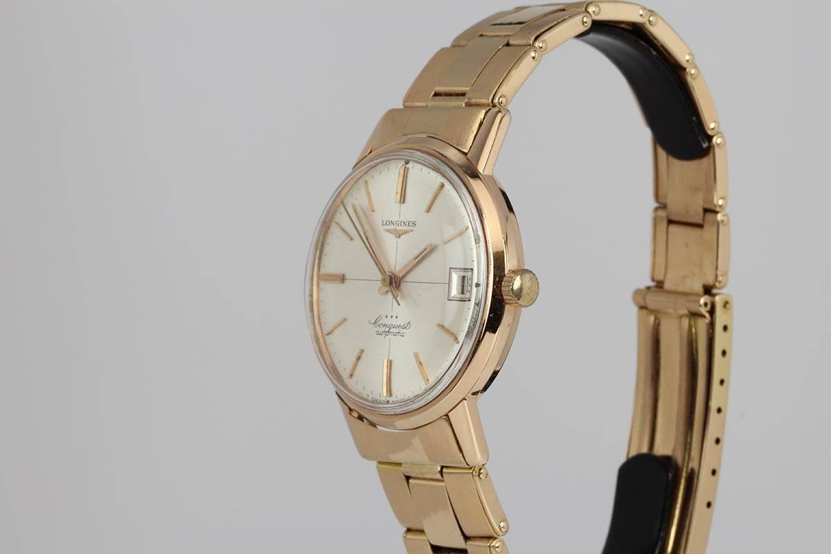 Longines Ladies Rose Gold Conquest Calendar Manual Wind Wristwatch, circa 1967 In Excellent Condition In Miami Beach, FL