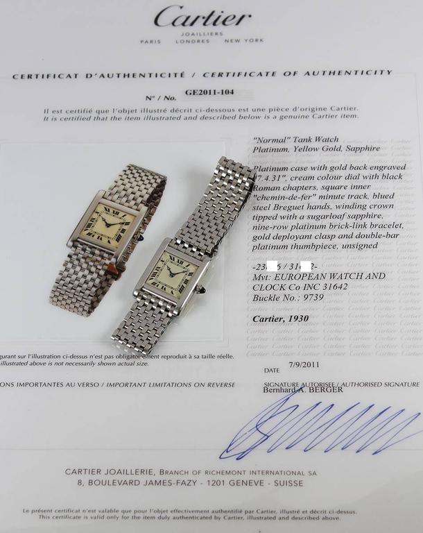 Art Deco Cartier Platinum Tank Normale Manual Wind Wristwatch Cartier Certified For Sale at 