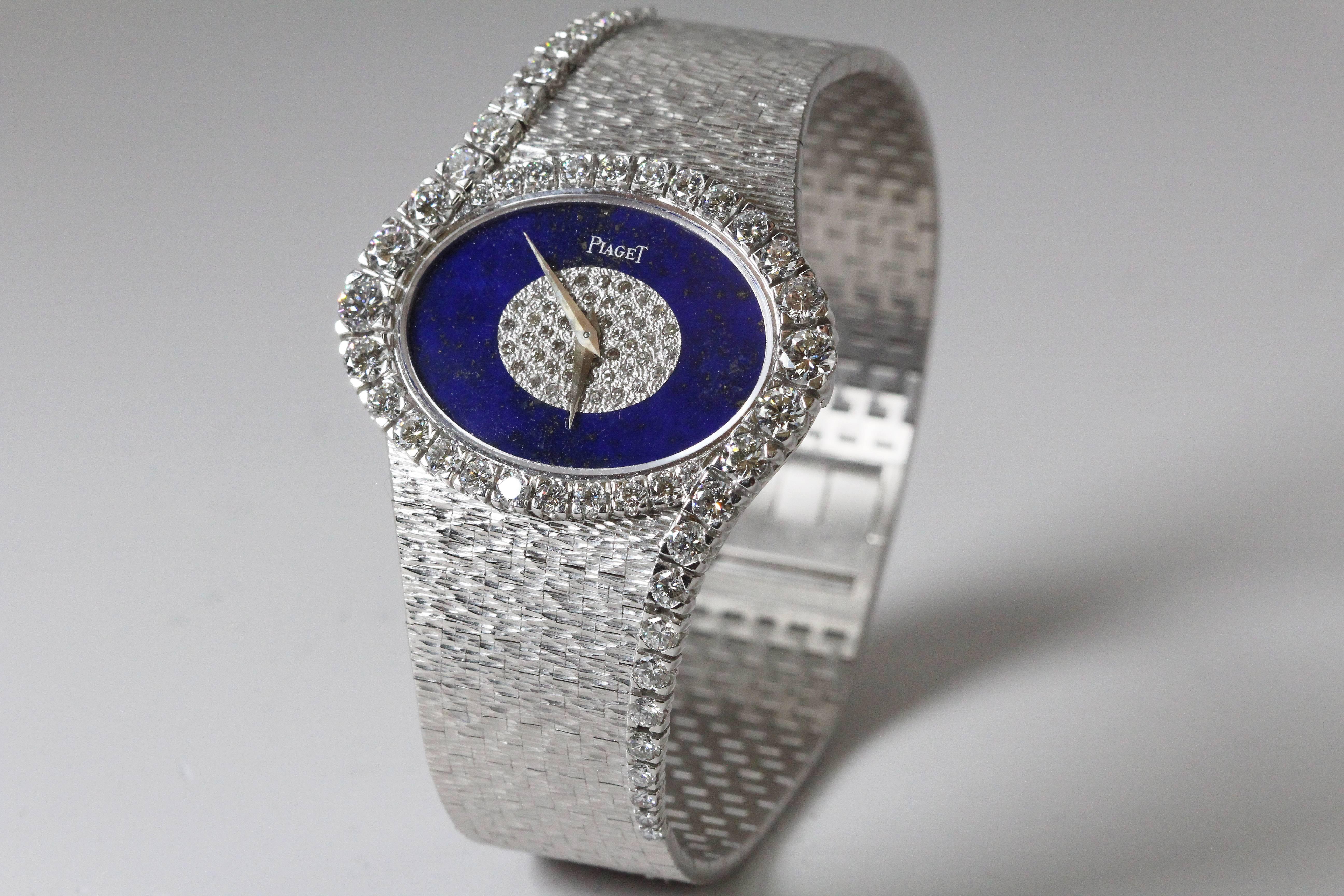 Piaget Ladies White Gold Diamond Lapis Lazuli Bracelet Wristwatch In Excellent Condition In Miami Beach, FL