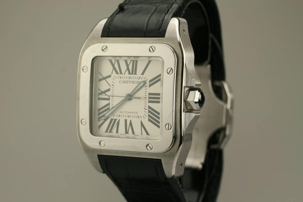 Women's or Men's Cartier Stainless Steel Small Santos 100 deployant clasp automatic wristwatch 