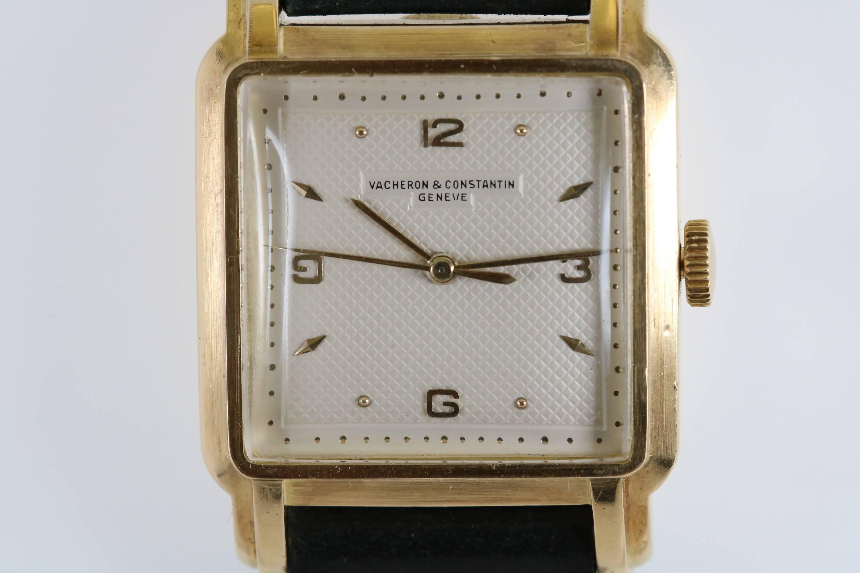 Vintage Vacheron Constantin with solid gold square stepped case, beautiful textured dial and run by an automatic movement.