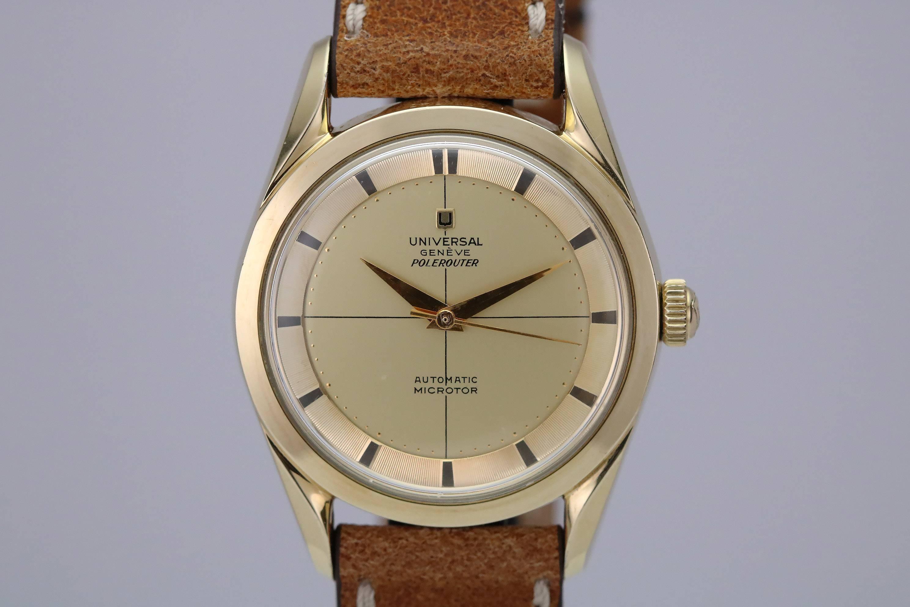 Universal Geneve  Polerouter  reference  in gold plated over stainless steel with sector gold dial, automatic movement and a modern non-Universal leather strap. Circa 1960s.