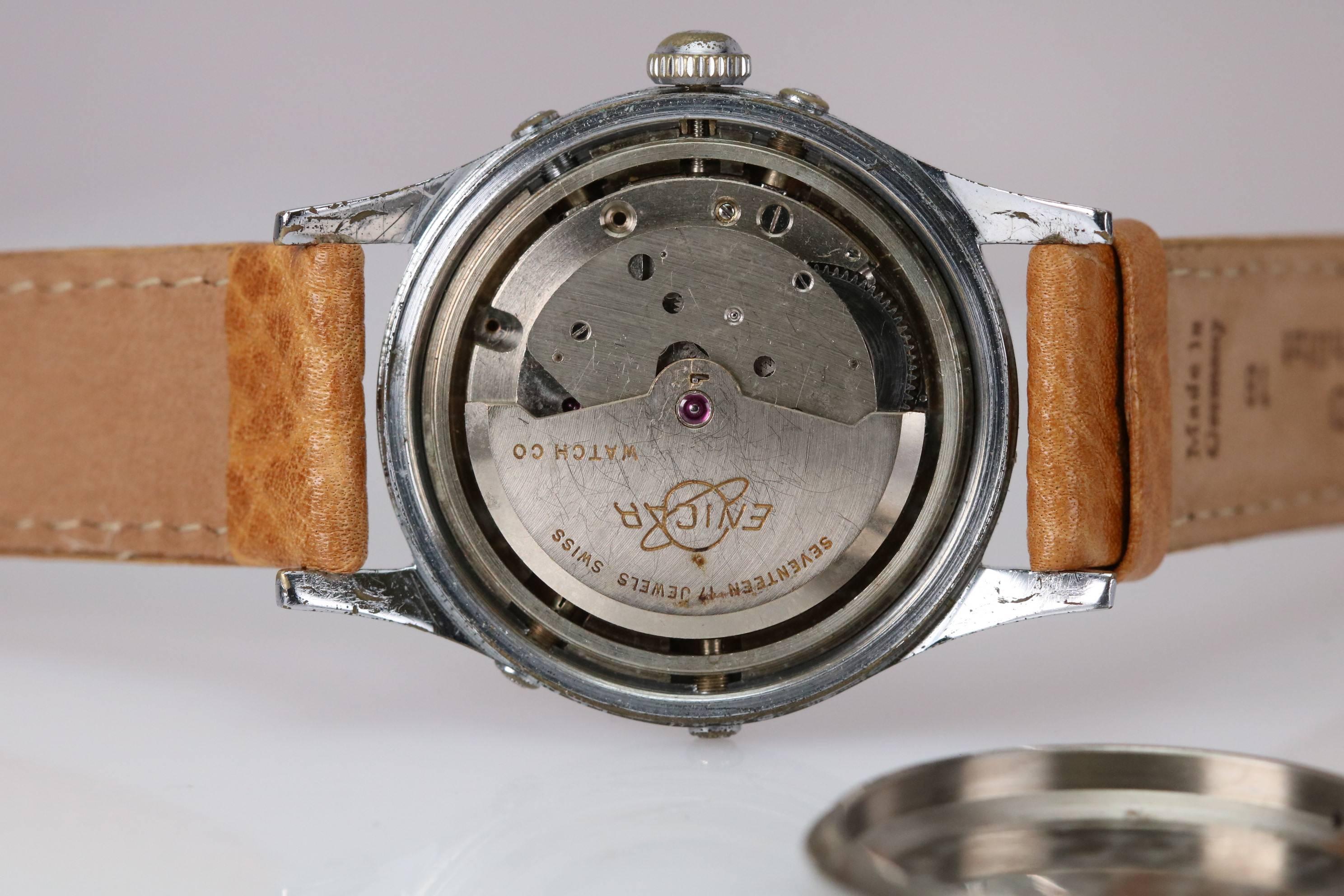Enicar Stainless Steel Triple Date Moon Phase Automatic Wristwatch, circa 1940s In Good Condition In Miami Beach, FL