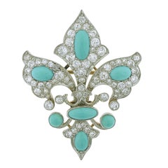 Vintage Belle Époque Turquoise Diamond Fleur-de-lis  Brooch/Pendant Combination