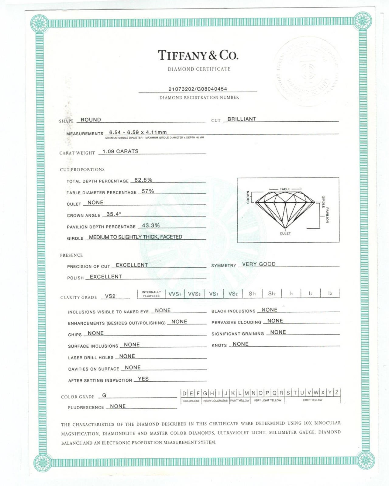 Women's Tiffany & Co. 1.09 Carat Diamond Engagement Ring