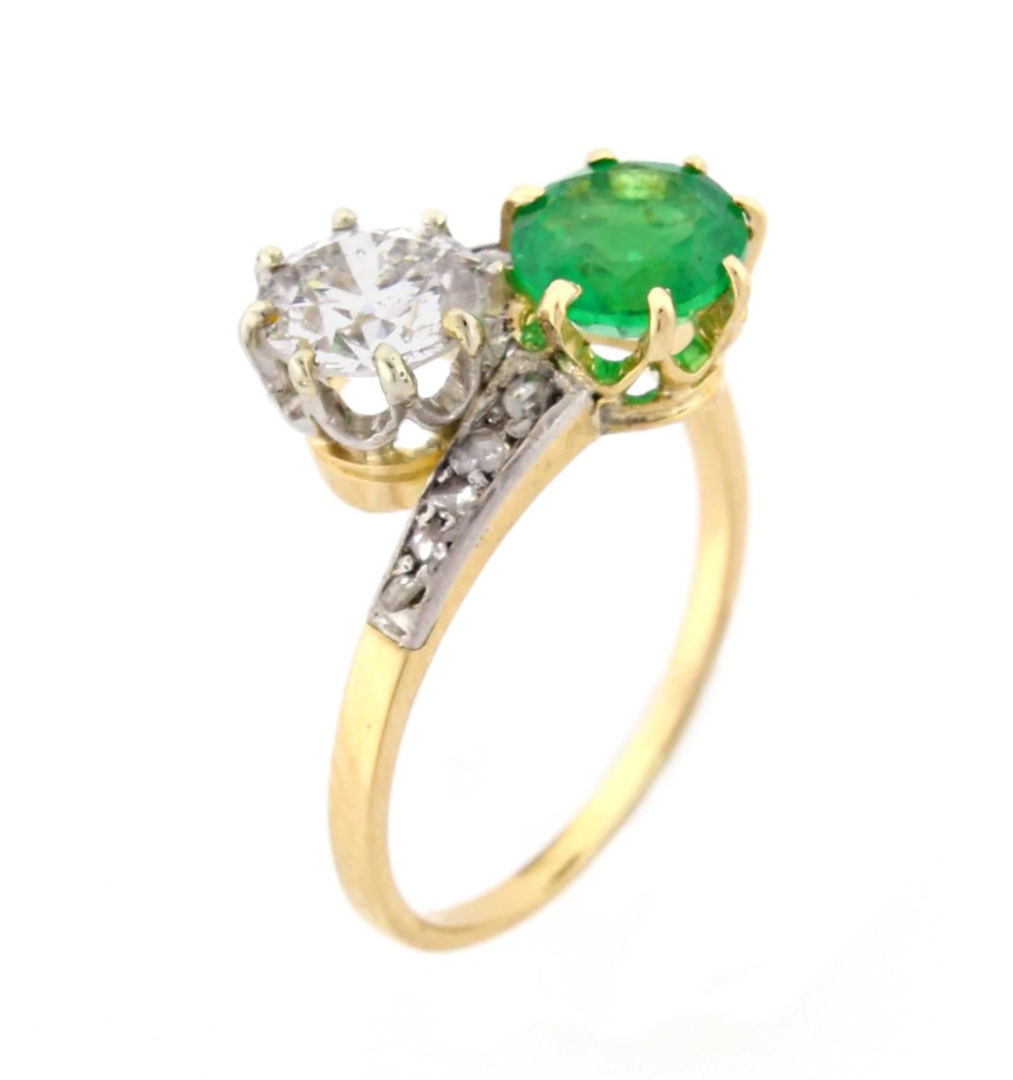 Women's or Men's Antique Emerald Diamond Gold Platinum Two Stone Ring
