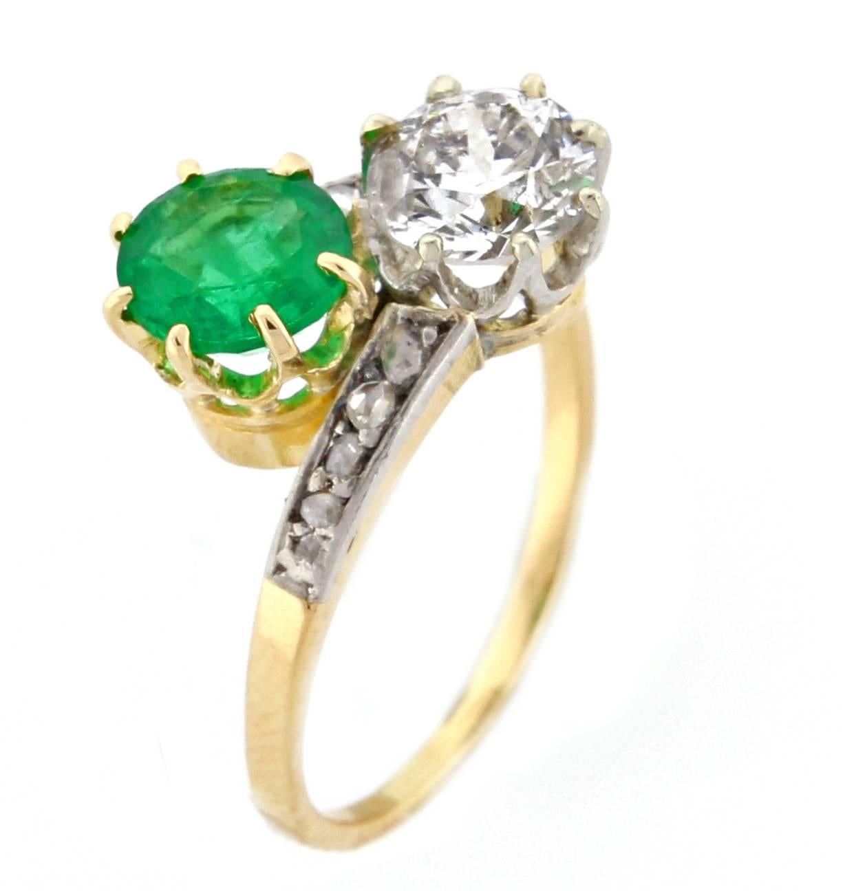 Antique Emerald Diamond Gold Platinum Two Stone Ring In Good Condition In Bethesda, MD