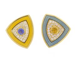 Leo De Vroomen Blue and Yellow Sapphire, Diamond and Enamel Earrings