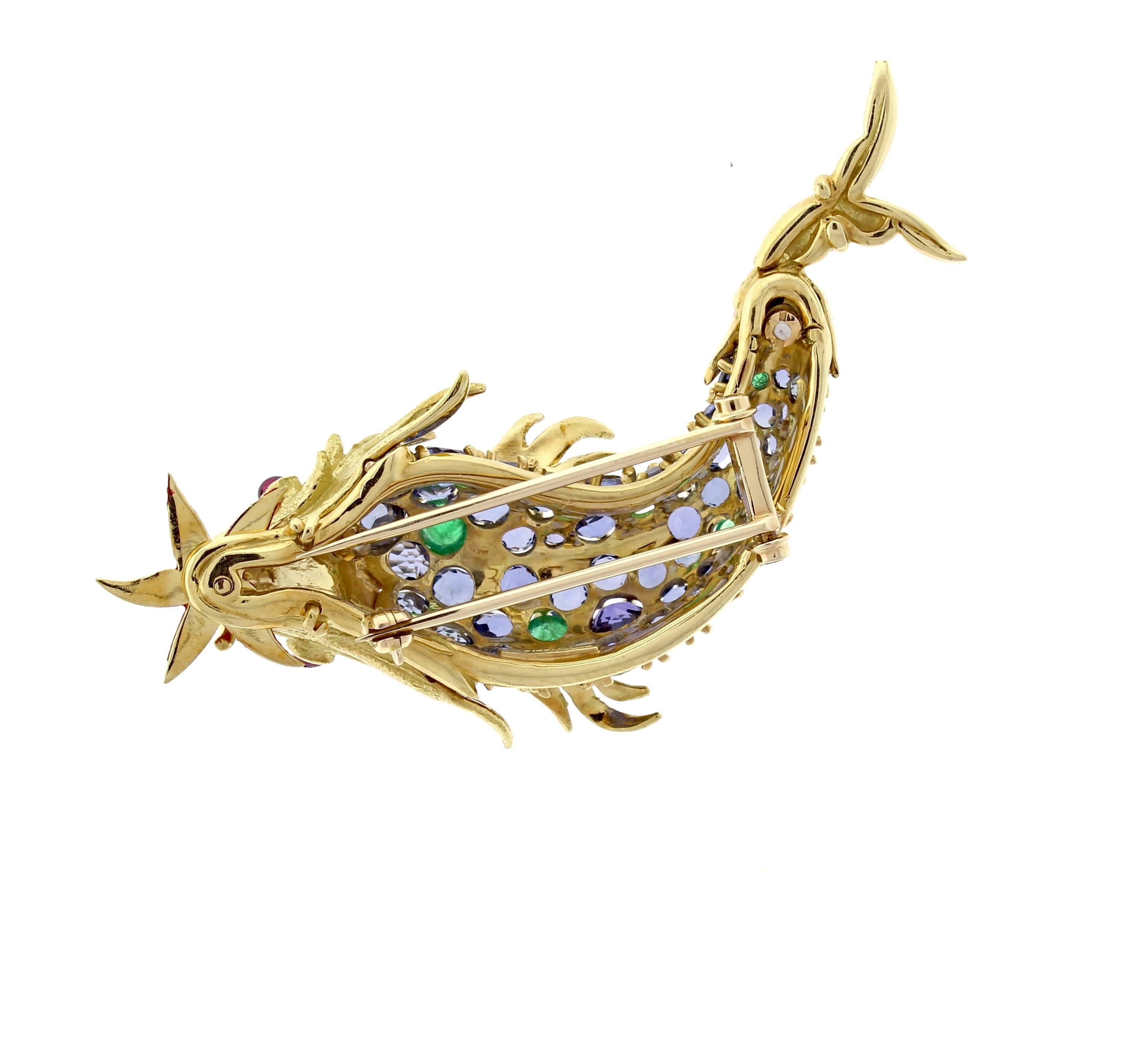  Schlumberger for Tiffany & Co. Sapphire and Emerald and Emerald Fish Brooch In Excellent Condition In Bethesda, MD