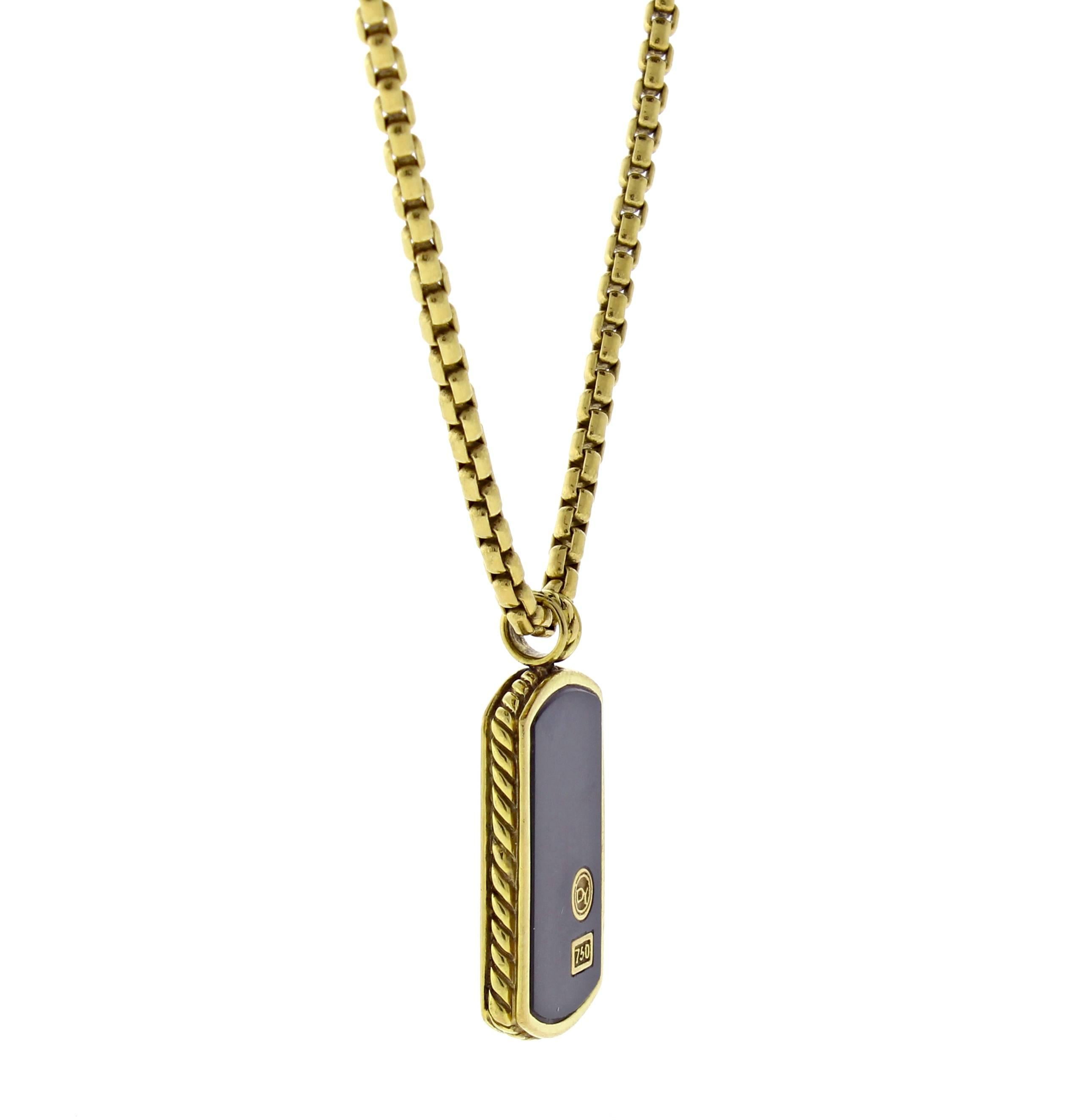 From David Yurman Exotics Collection, 18-karat yellow gold necklace with black onyx dog tag pendant and  2.5mm Box chain, 20