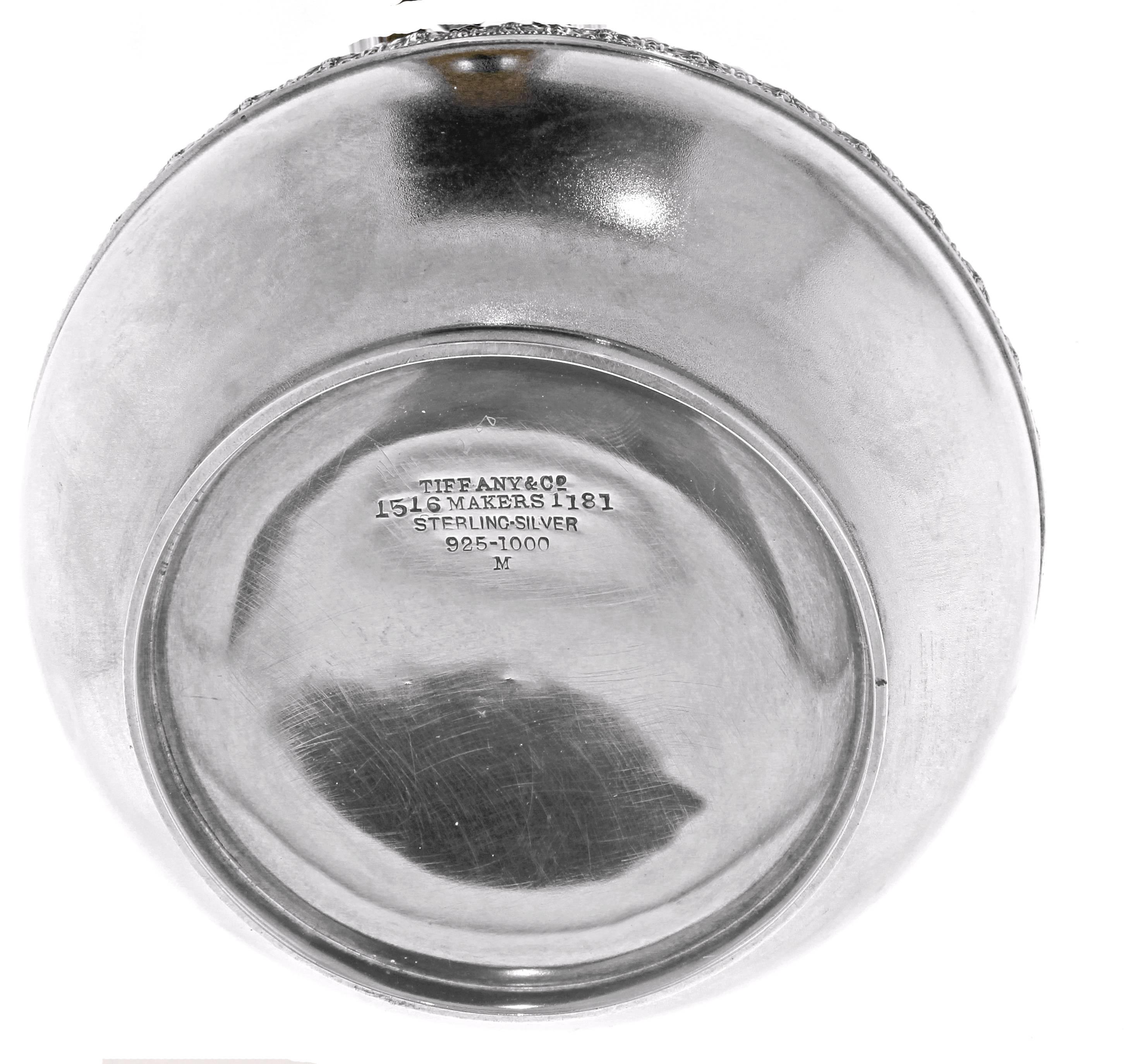 Beautifully done in bulbous form with a raised decorative  band and applied leaf handles and finials. Monogrammed. The set consists of a teapot,  coffeepot,  creamer,  waste bowl and covered sugar bowl..  Coffeepot 9.5 inches,   Pattern 1516.  Each