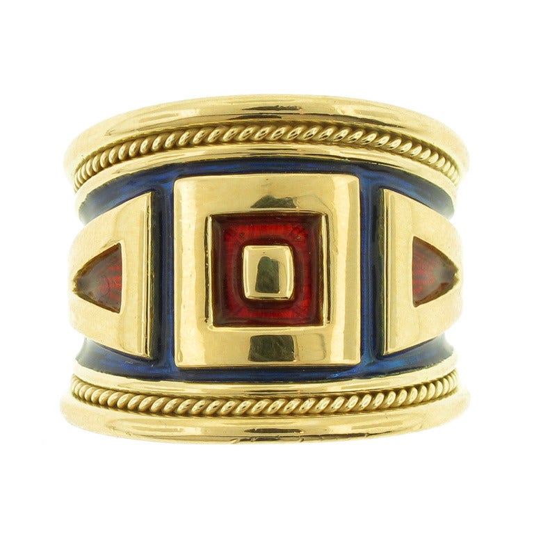 Elizabeth Gage Wide Gold and Enamel Ring