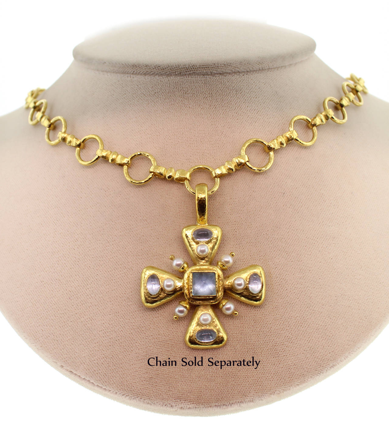 19 karat Aquamarine & Pearl Maltese cross pendant by Elizabeth Locke with 6mm snap bail, 35mm square. Chain sold separately