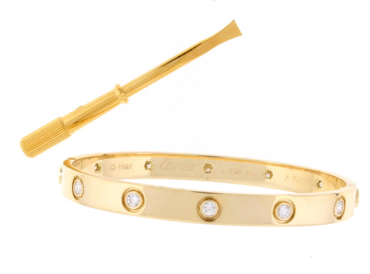Cartier 10 Diamond Gold Love Bracelet In Excellent Condition In Bethesda, MD