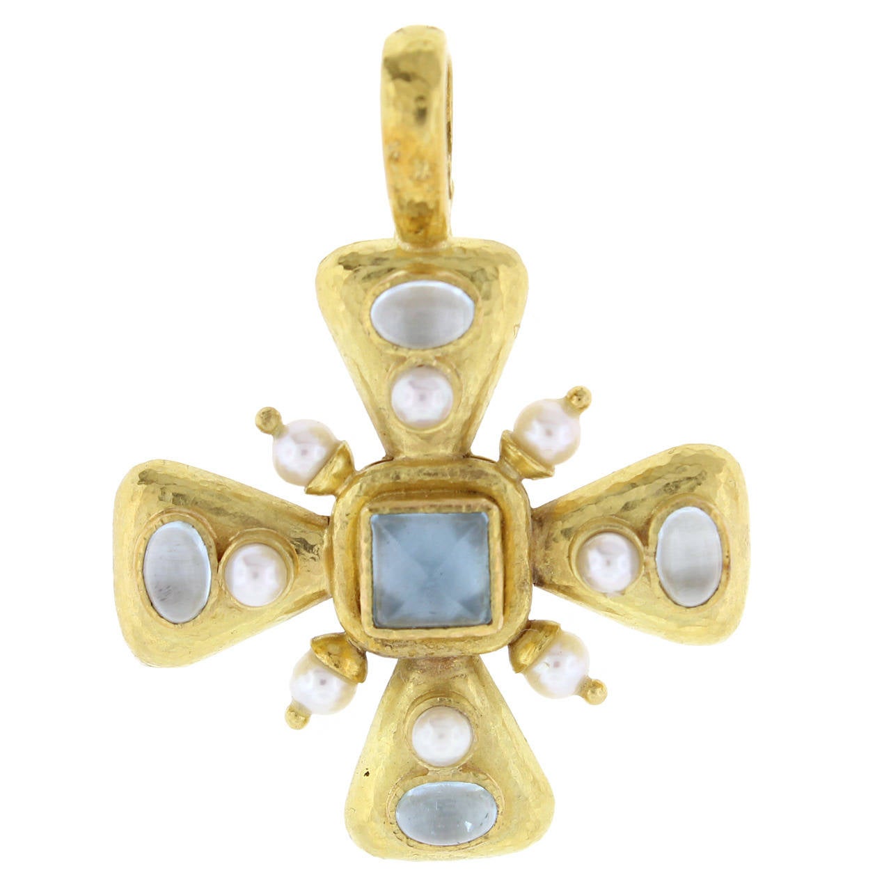 Elizabeth Locke Aquamarine Pearl Maltese Cross Pendant