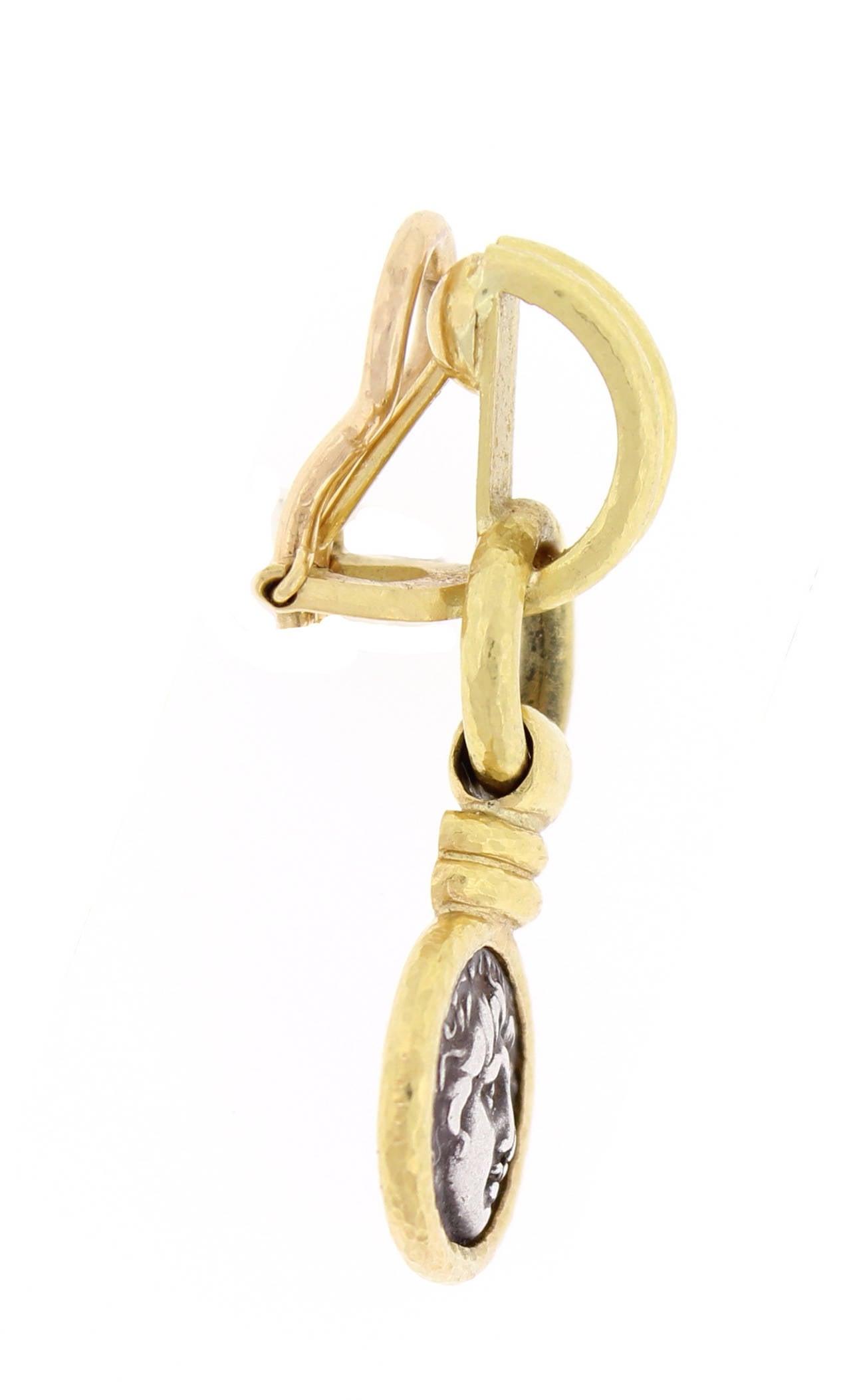 19 karat yellow gold Elizabeth Locke  antique silver coin drop earrings with flip down post.