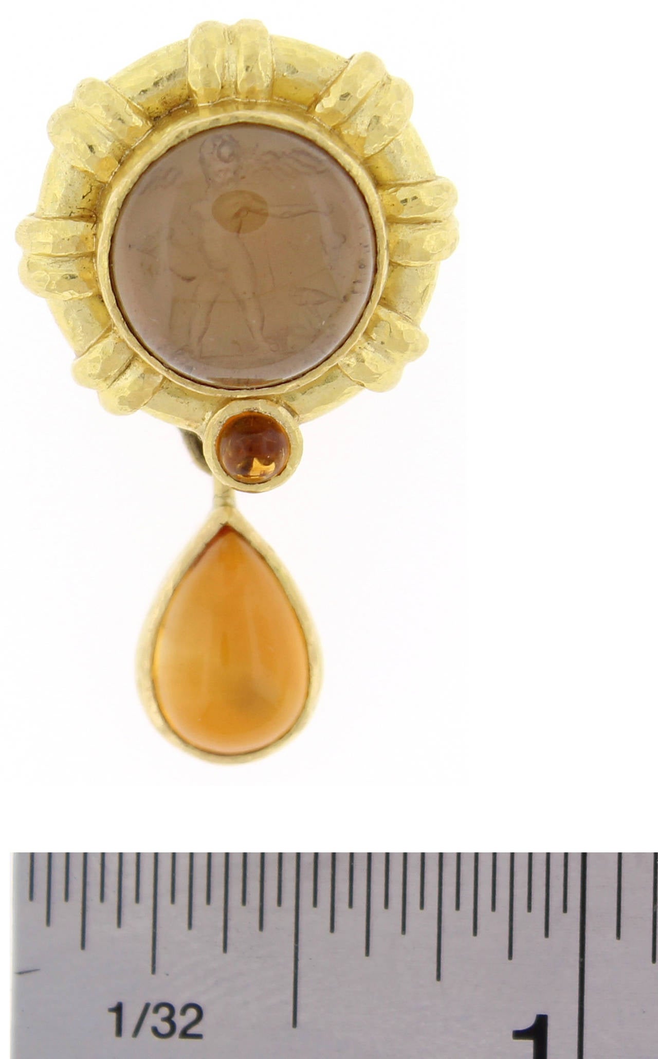 19 Karat venetian glass intaglio over mother of pearl and citrine drop earrings by Elizabeth Locke. The posts fold away allowing the earrings to be worn as clips or for pierced ears