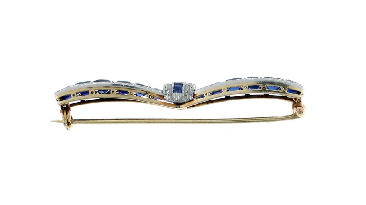 Art Deco Antique Sapphire Diamond Gold Platinum Bow Brooch