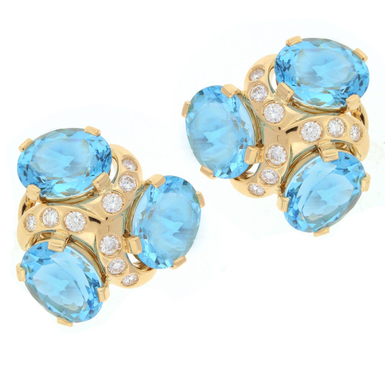 Verdura Blue Topaz Diamond Gold Three Stone Earrings