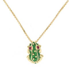 David Webb Ruby and Green Enamel Gold Lucky Frog Necklace