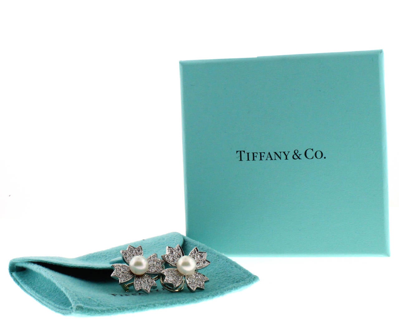 Tiffany & Co. Pearl Diamond Platinum Flower Earrings 1