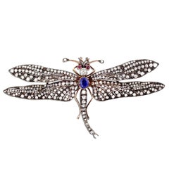 Victorian Sapphire Diamond Silver Gold Dragonfly Brooch