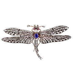 Victorian Sapphire Diamond Silver Gold Dragonfly Brooch 1