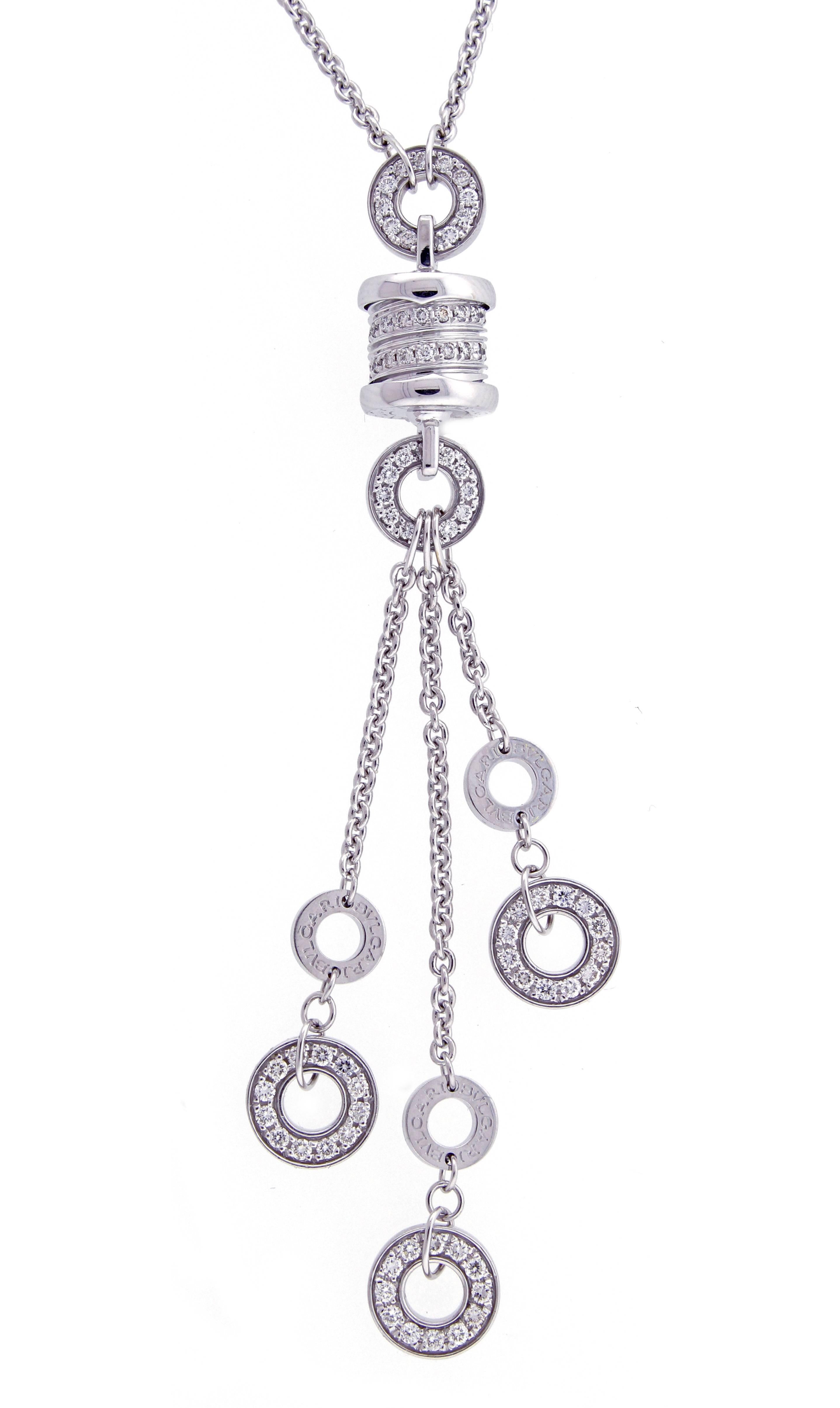 18kt White Gold B.Zero1 Bvlgari Necklace with double sided pavé diamond disks and pavé diamond B.Zero1 motif. Diamonds=1.61ct.    Adjustable Length  in three positions from 16