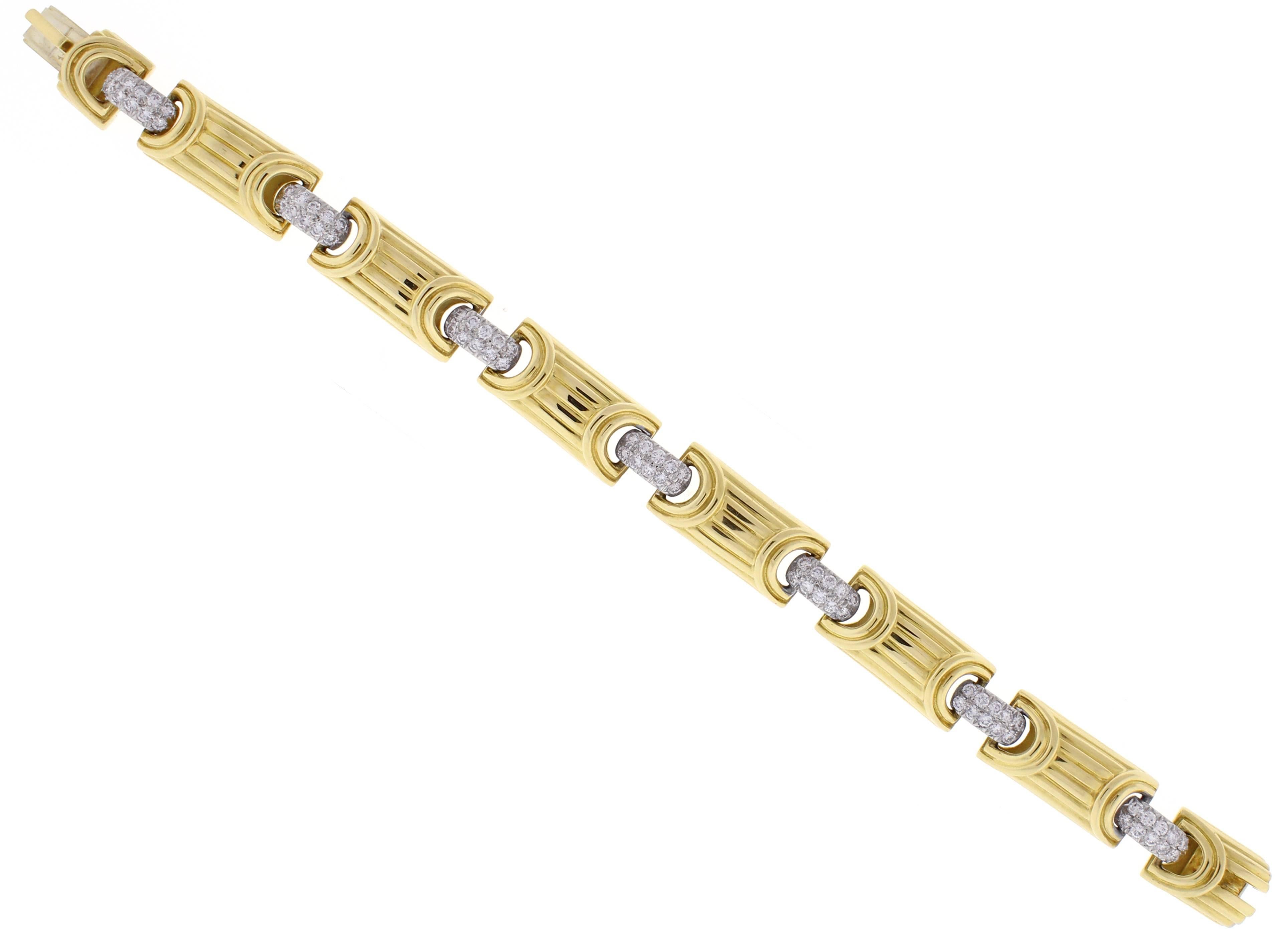 From iconic New york Jeweler Black, Starr & Frost this stunning 18 karat gold and diamond bracelet. The bracelet contains 70 brilliant diamonds weighing 2.25 carats. 7 1/4 inches long