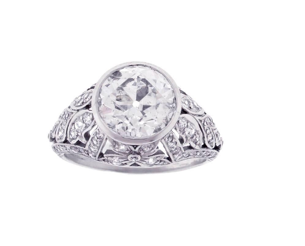 Edwardian 3.10 Carat European Cut Diamond Platinum Filigree Ring In Excellent Condition In Bethesda, MD