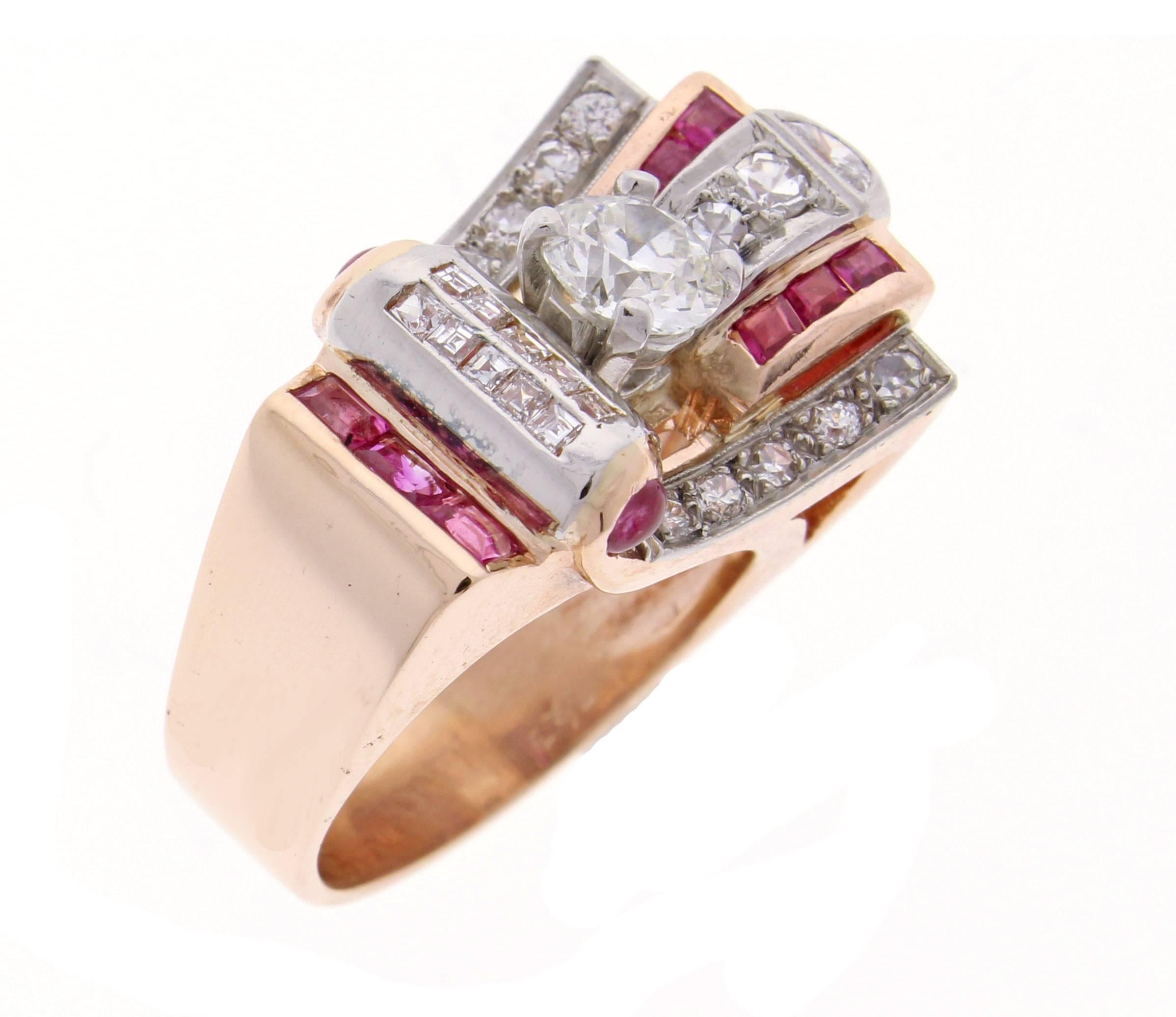 Old European Cut 1950s Retro Ruby Diamond Gold Platinum Ring