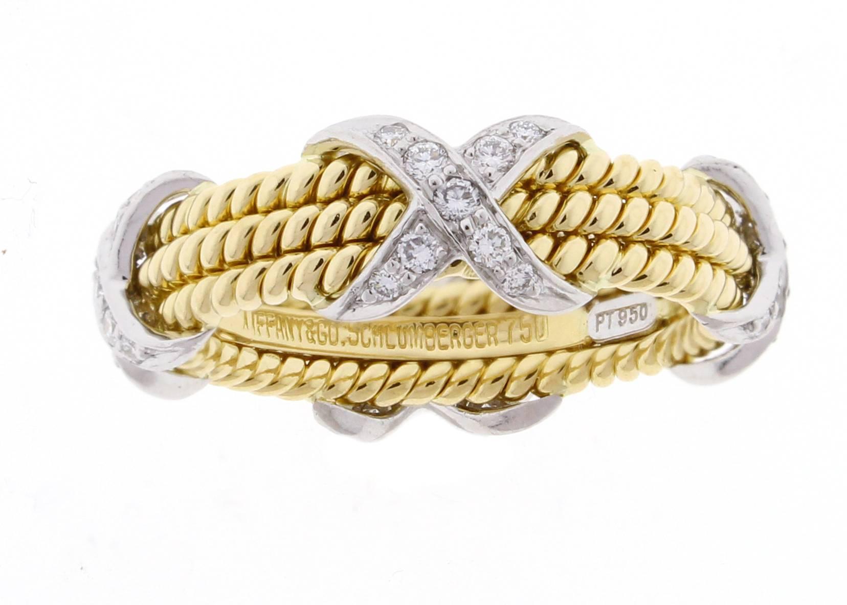Tiffany & Co. Schlumberger Rope Three Row Diamond Gold Platinum X Ring In Excellent Condition In Bethesda, MD