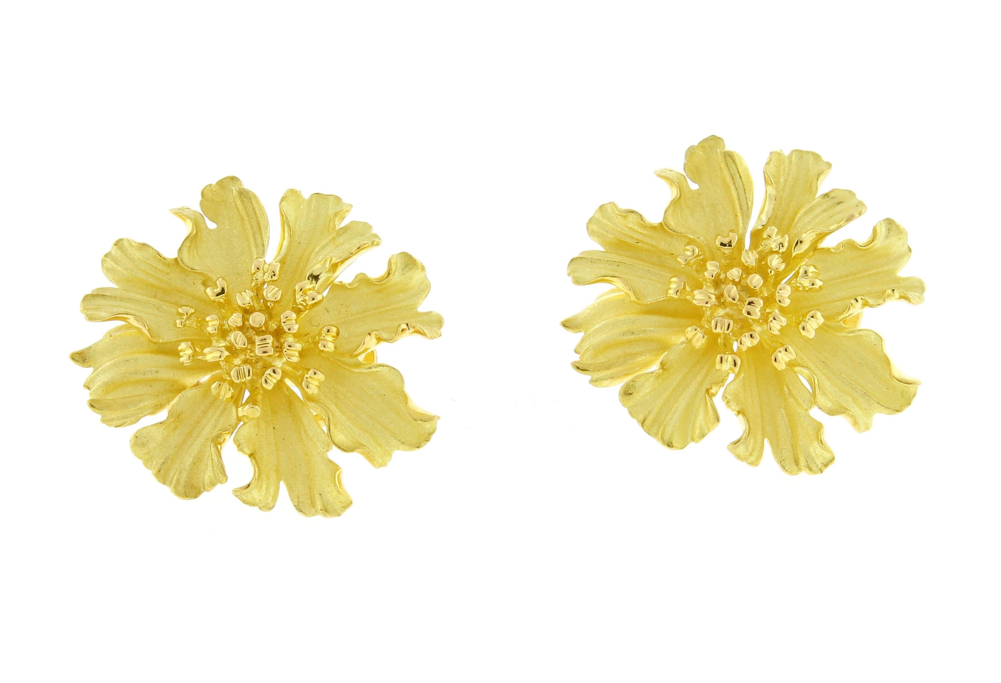 Tiffany & Co. has captured the beauty of the alpine rose in these striking  18 karat gold earrings. Rendered in matte and polished 18 karat gold these are as much a work of art as they are jewelry. 1 inch in diameter  15.6 grams