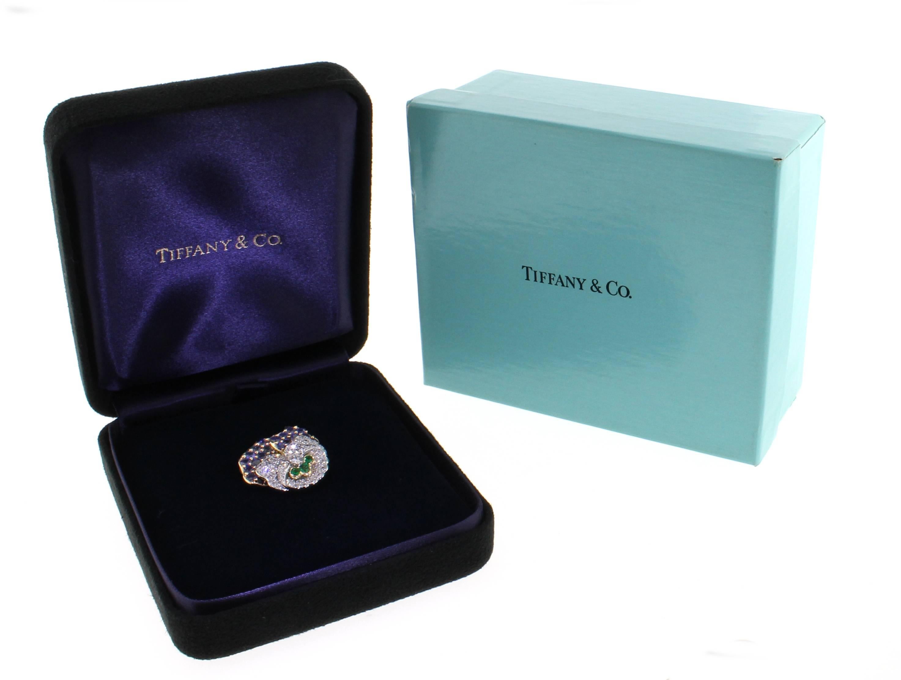 Tiffany & Co. Sapphire Emerald Diamond Gold Platinum Pansy Brooch In Excellent Condition In Bethesda, MD