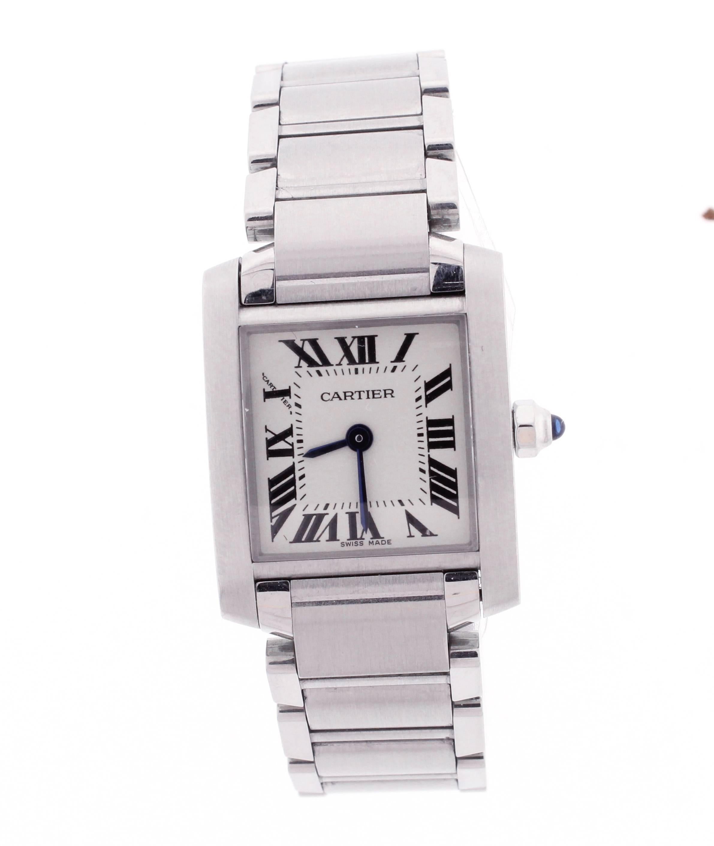Ladies' stainless steel 25x20mm Cartier Tank Française watch with Swiss made quartz movement, smooth bezel, white dial, black Roman numerals, blued steel sword hands, stainless steel link bracelet with satin finish and deployant closure.
•	Model