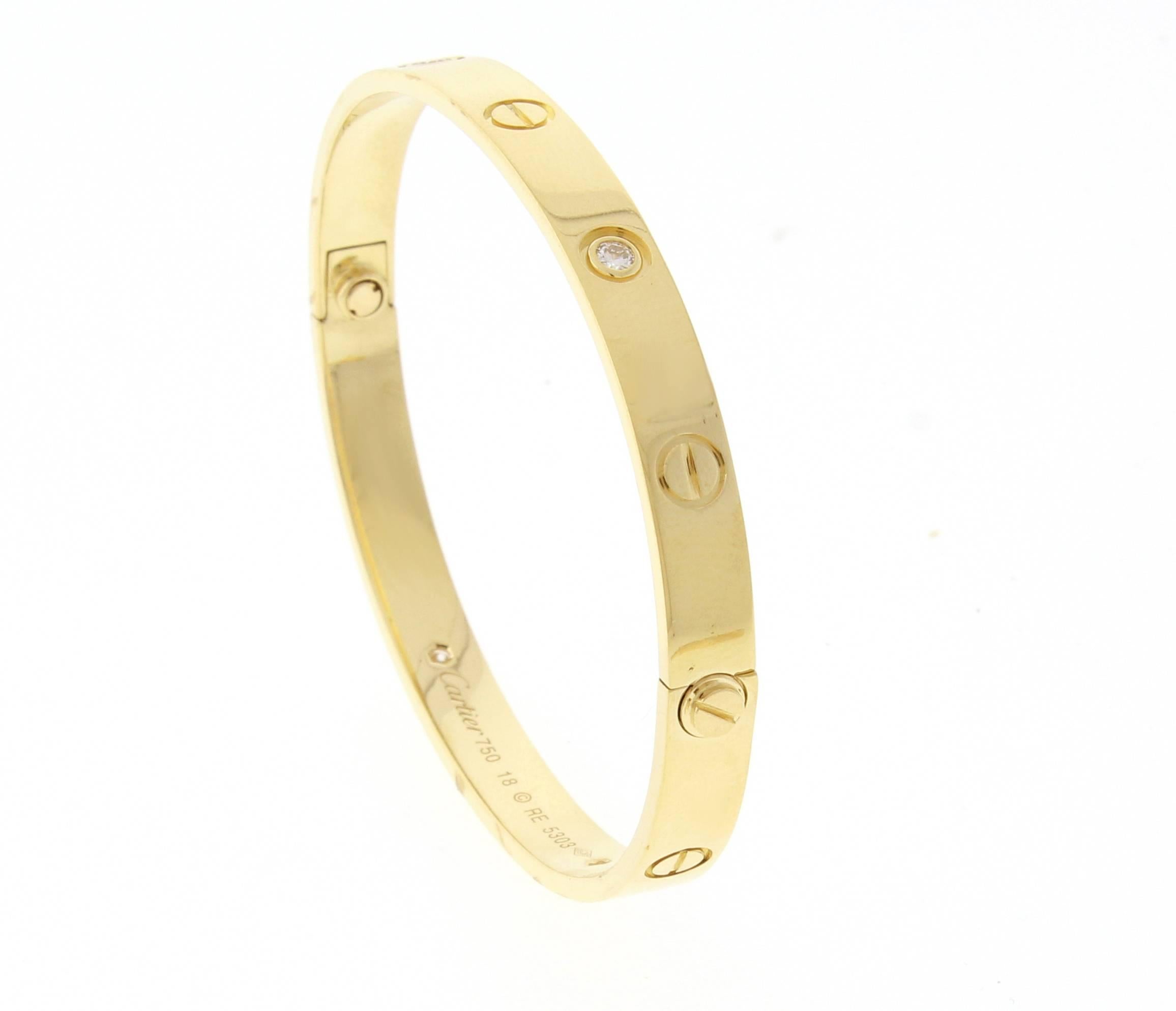 Cartier Four Diamond Gold Love Bracelet In Excellent Condition In Bethesda, MD