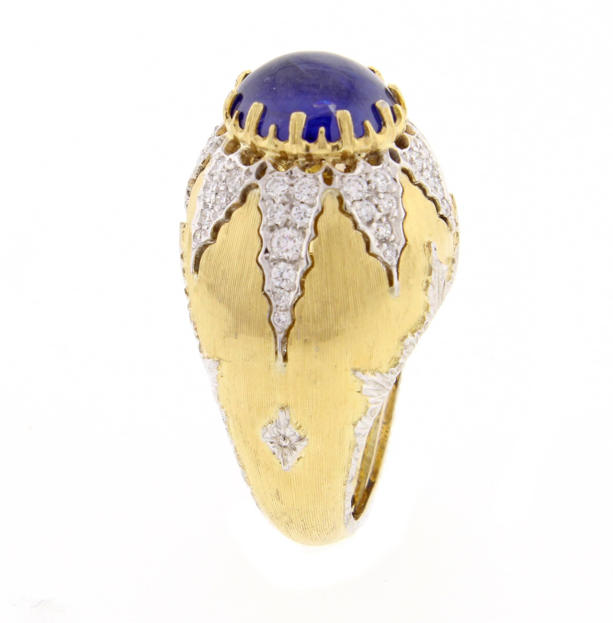 Mario Buccellati is known as the “Prince of Goldsmiths” for his handcrafted jewelry with intricate patterns and engravings. This very special ring features a cabochon sapphire weighing approximately 6 carats and 53 brilliant diamonds weighing .32
